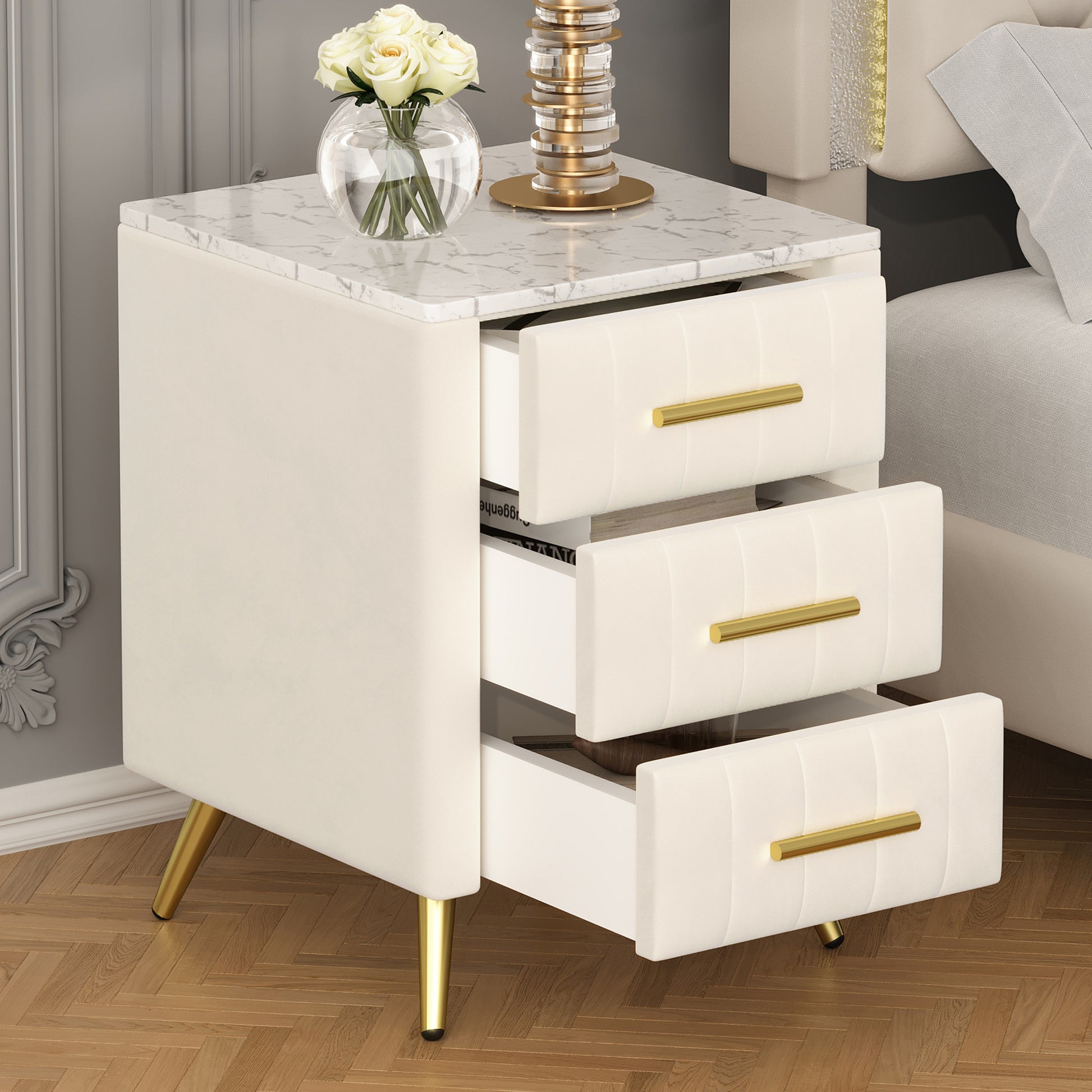 Upholstered Wooden Nightstand With 3 Drawers And Metal Legs&Handles, Bedside Table With Marbling Stickers Worktop Beige Beige Velvet