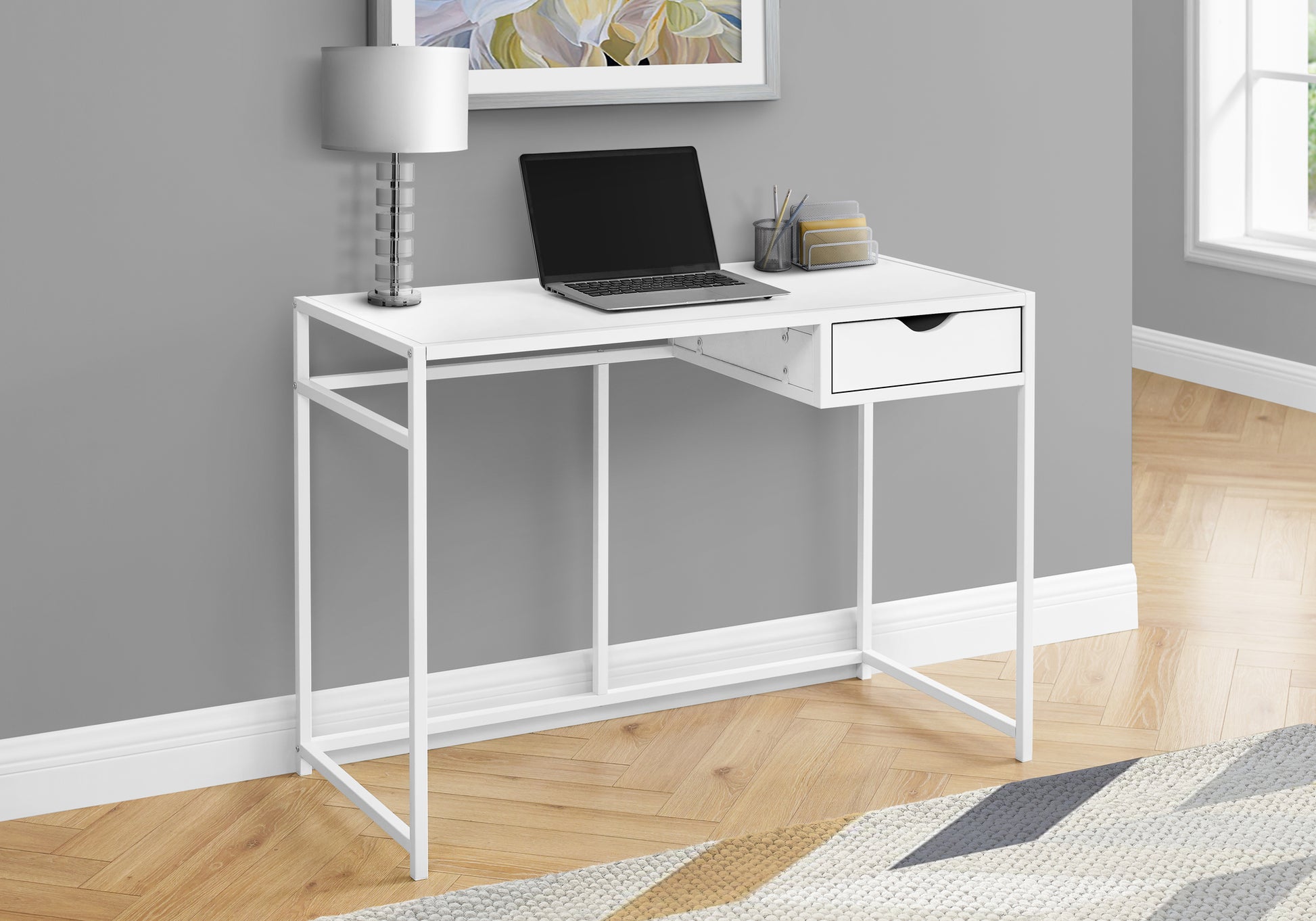 Computer Desk, Home Office, Laptop, Storage Drawer, 42"L, Work, White Laminate, White Metal, Contemporary, Modern White Mdf