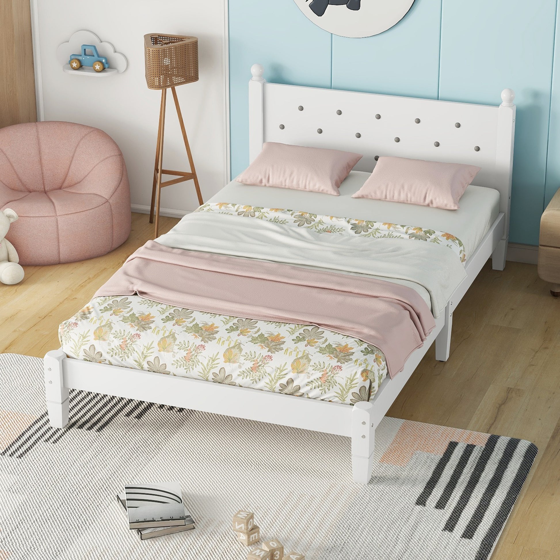 Twin Bed With Button Decoration Headboard, With Bed Slats,White Twin White Pine