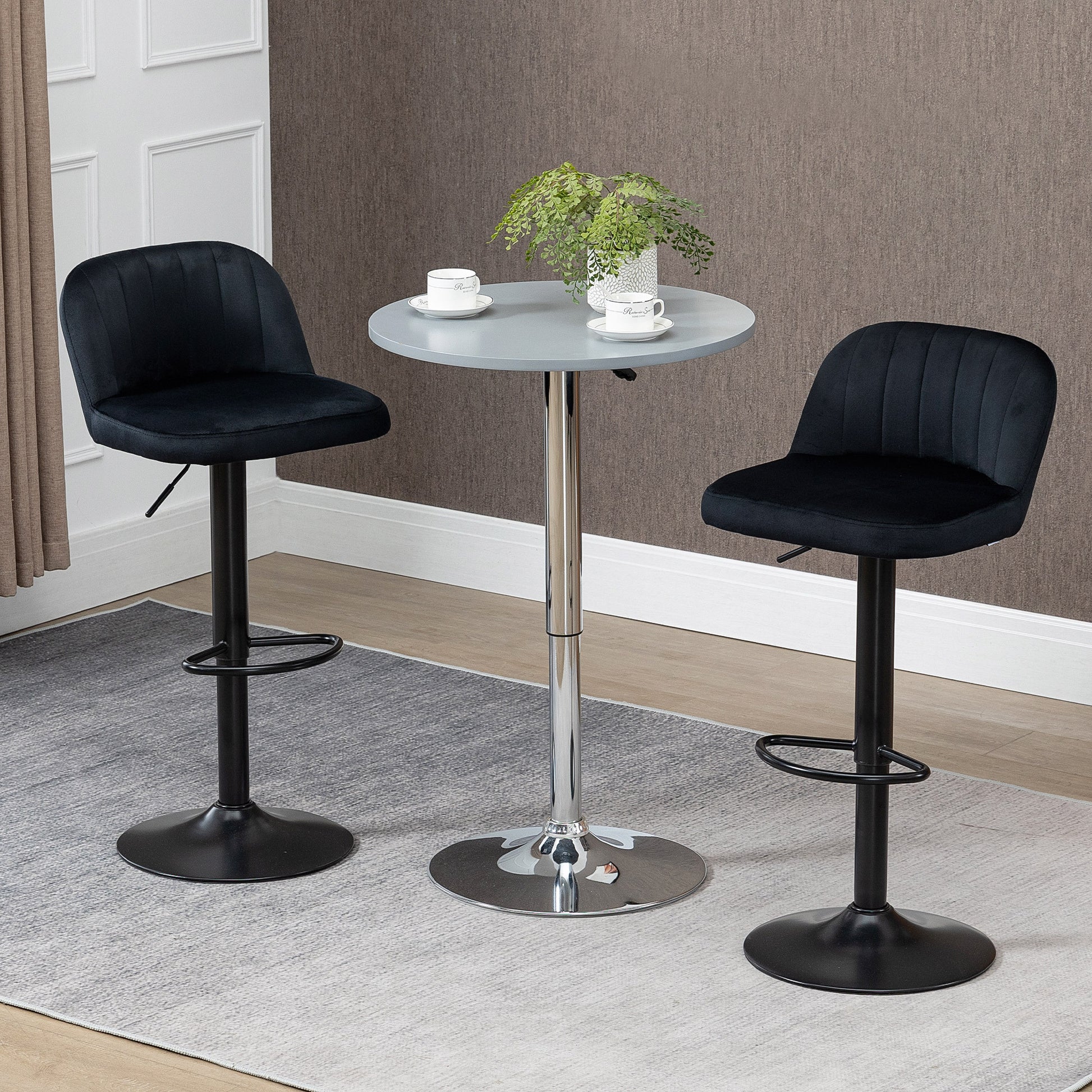 Homcom Adjustable Bar Stools Set Of 2, Velvet Counter Height Barstool, Upholstered Kitchen Stool With Swivel Seat, Steel Frame, Footrest For Kitchen Counter And Dining Room, Black Black Polyester
