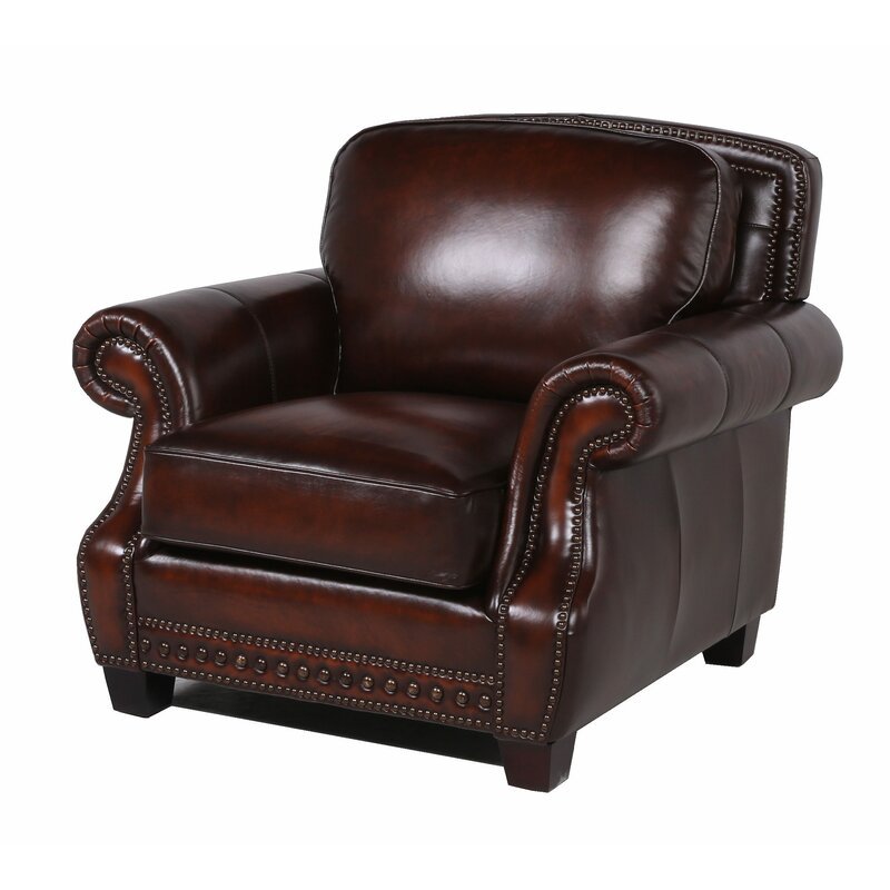 Traditional Roll Arm Leather Chair Brown Leather