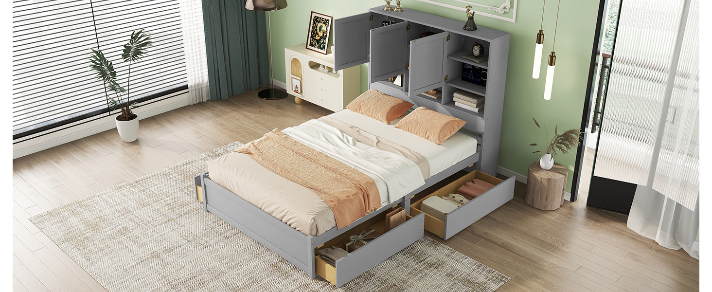 Queen Size Platform Bed With Storage Headboard And 4 Drawers, Gray Box Spring Not Required Queen Gray Wood Bedroom Bed Frame Solid Wood Mdf