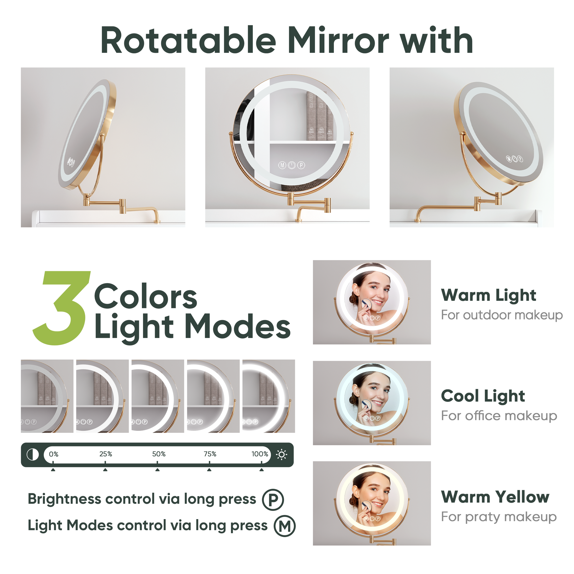 White Vanity Desk With 360 Rotated Mirror And Adjustable Lights, Girls Makeup Vanity Table With Storage Chair And Side Cabinet With Waveform Glass Doors, Dressing Table With Drawer For Bedroom