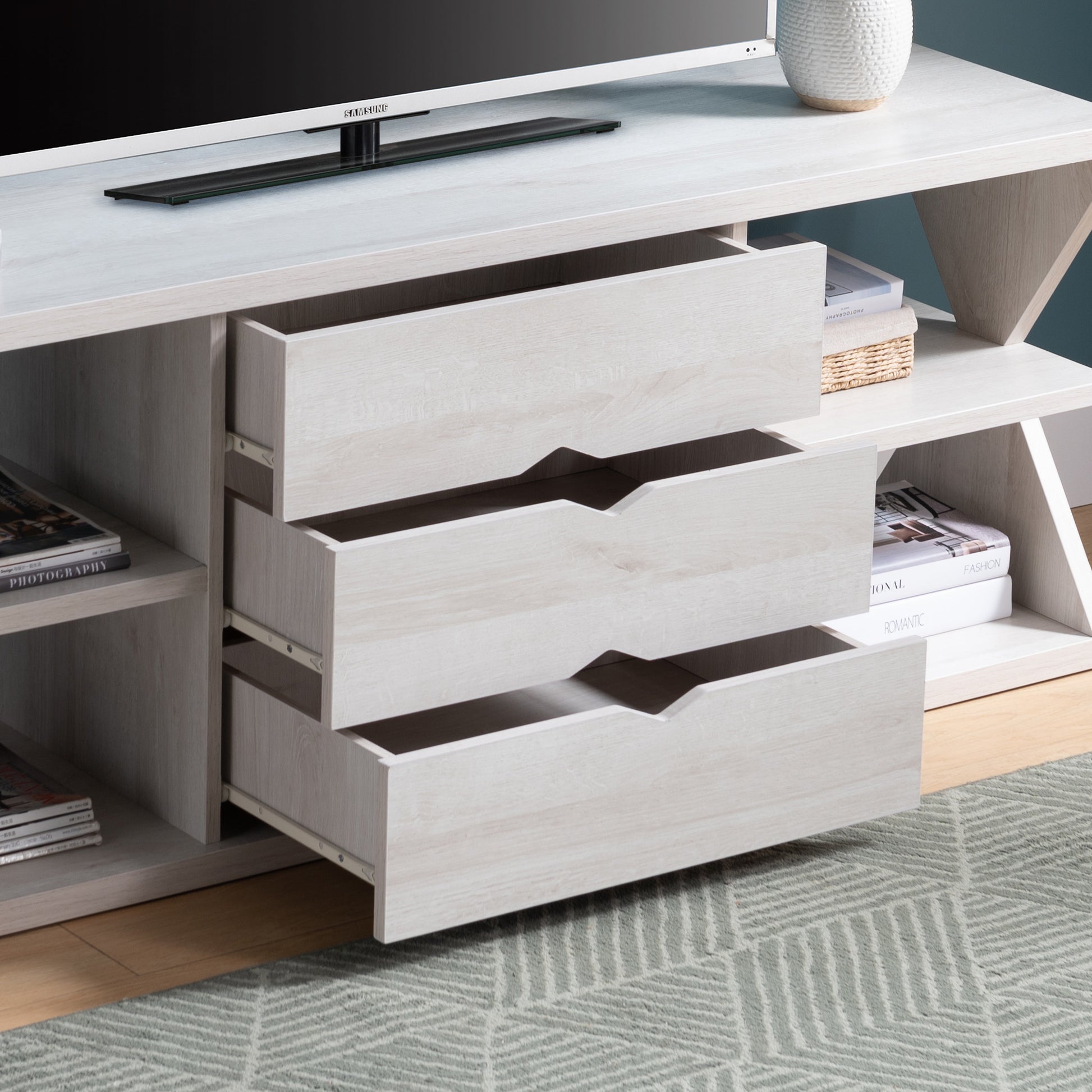 Tv Stand In White Oak With Whimsical Leg Design Large Storage With Three Drawers And Four Open Shelves White Oak 60 69 Inches Mdf