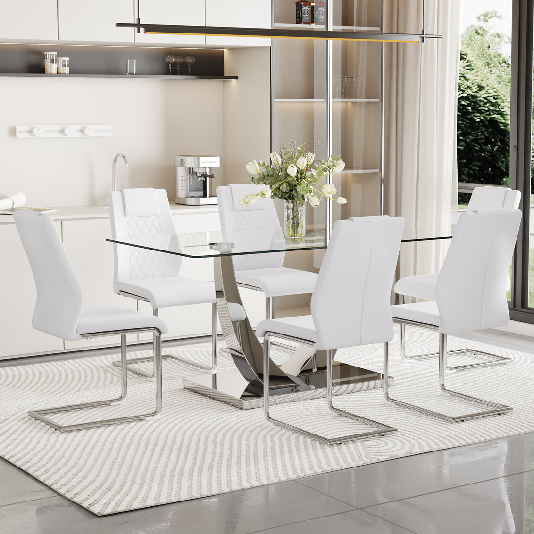 Table And Chair Set.Modern Dining Table,Tempered Glass Tabletop And Silver Colored Leg.Paired With 6 Soft And Comfortable High Quality White Pu Dining Chairs With Silver Legs. Silver,White Seats 6