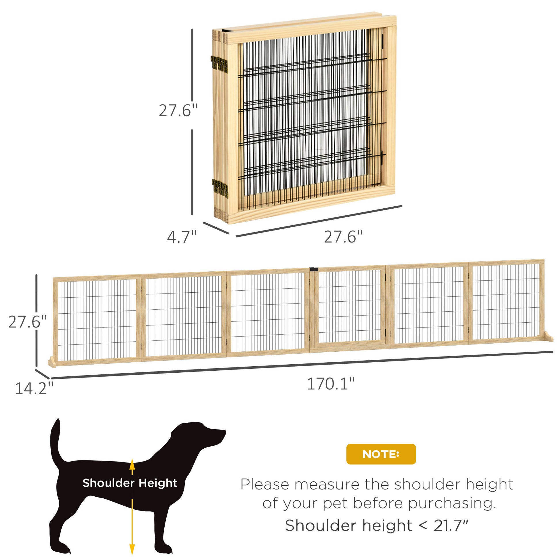 Pawhut Wooden Dog Gate, 170" Freestanding Pet Gate, 6 Panel Foldable Dog Safety Barrier With 2 Support Feet For House Doorway Stairs, Small And Medium Dogs, Natural Wood Natural Wood Wood