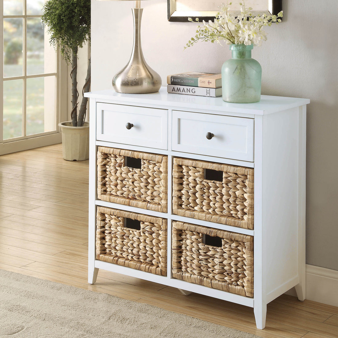 White 6 Drawer Console Cabinet Freestanding 5 Or More Drawers Wicker White Primary Living Space Drawers Included Transitional Mdf