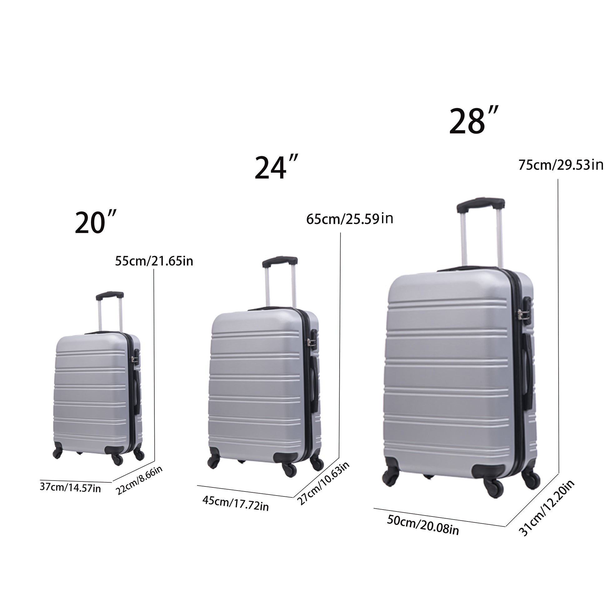 Luggage Universal Wheel Hard Shell Lightweight Password Lock Family Set Silver Gray, 3 Piece Set 20 Inches 24 Inches 28 Inches Silver Grey Abs