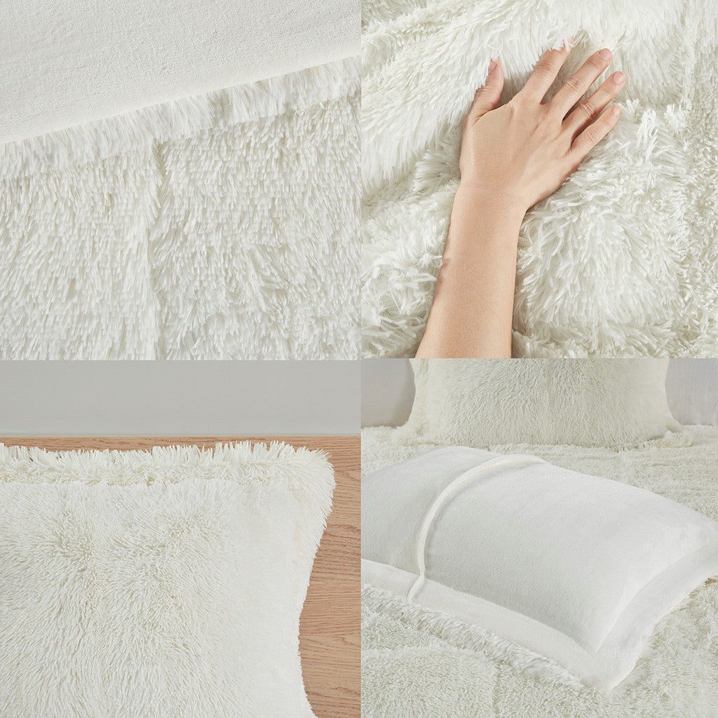 Shaggy Long Fur Comforter Mini Set Twin Ivory Polyester