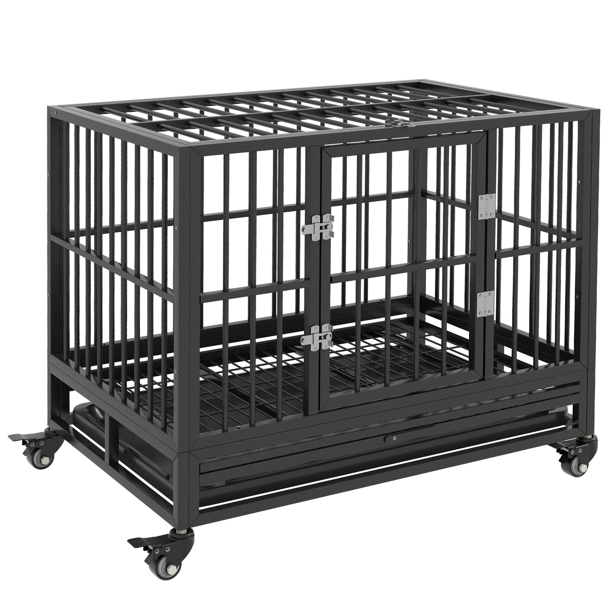 Pawhut 36" Heavy Duty Dog Crate Metal Cage Kennel With Lockable Wheels, Double Door And Removable Tray, Gray Grey Steel