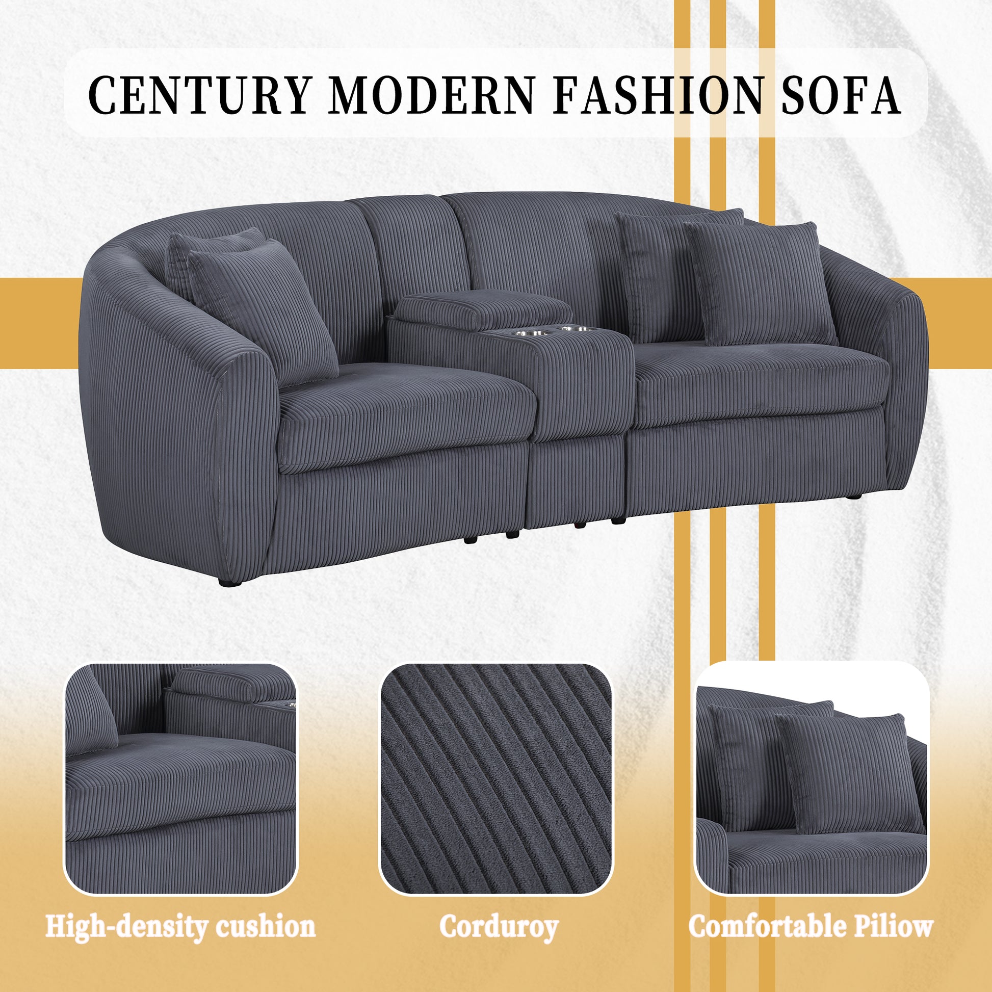 United We Win Corduroy Fabric, Two Cup Holders, Storage, Oversized Two Seat, Solid Wood Frame, High Quality Sponge Filling, Curved Placement Sofa Dark Gray Corduroy 2 Seat