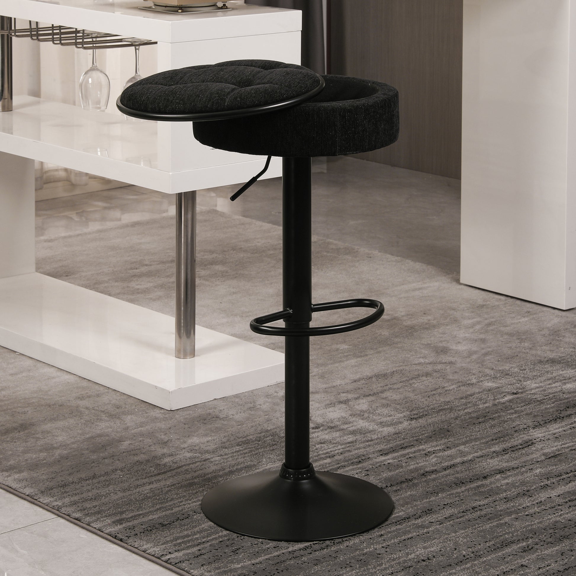 Round Storage Bar Stool Set Of 2, Black Linen Height Adjustable Barstool, 360 Counter Height Swivel Stool, Armless Bar Chair With Metal Frame For Kitchen Counter Dining Living Room Black Set Of 2 Foam Linen