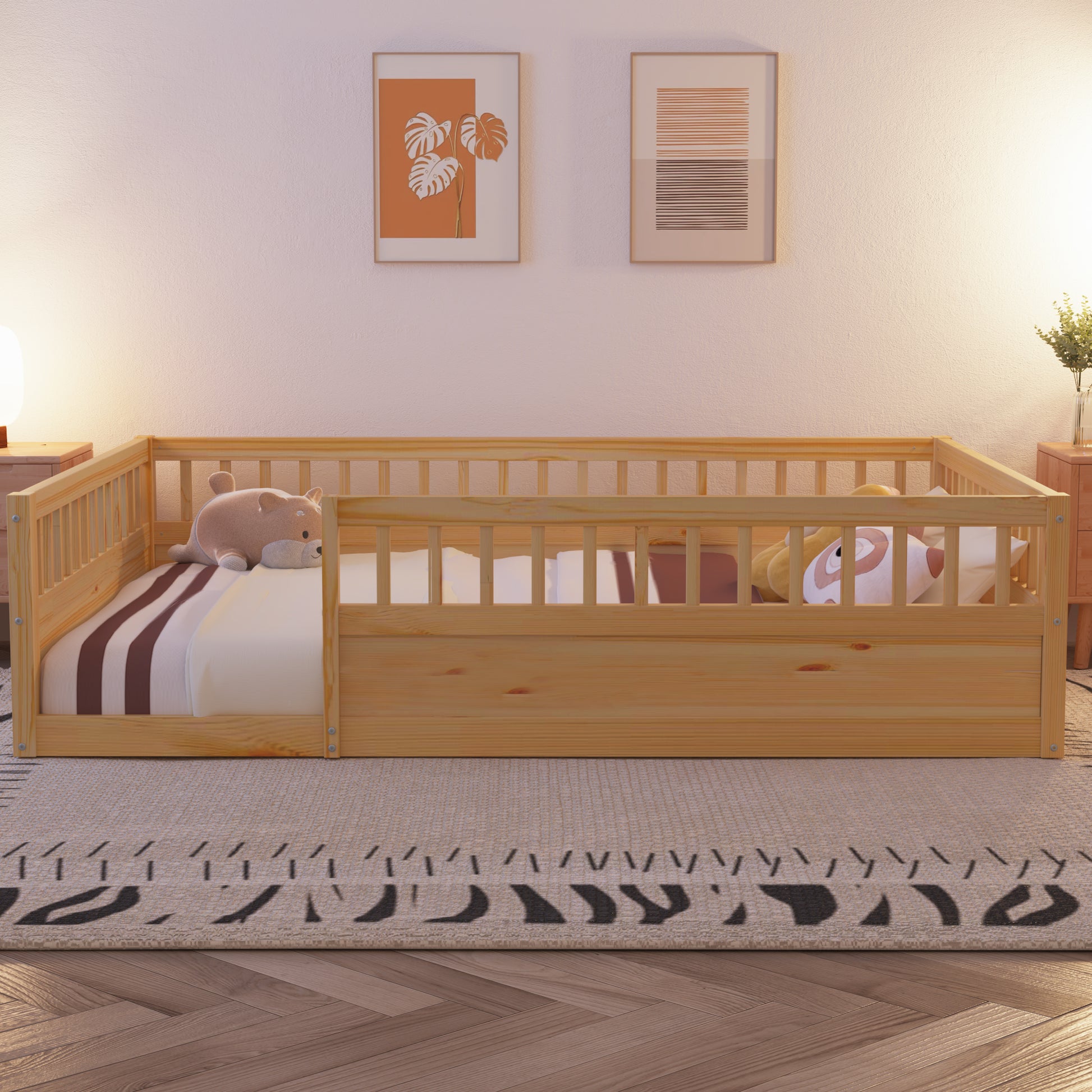 Full Floor Bed Frame With Fence, Wood Kids Floor Beds Frame For Bedroom Playroom,Natural Expect Arrive Date Jul. 10Th Full Natural Pine