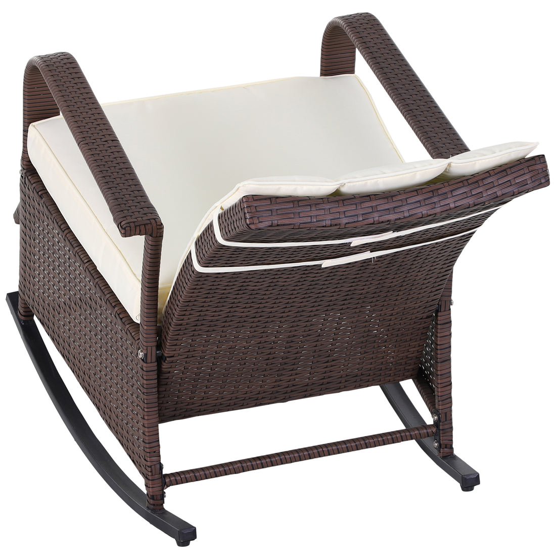 Outsunny Wicker Outdoor Rocking Chair, Patio Recliner With Adjustment Backrest, Pe Rattan Lounge Chair With Adjustable Footrest And Cushions For Garden, Backyard, Porch, Beige Brown Steel
