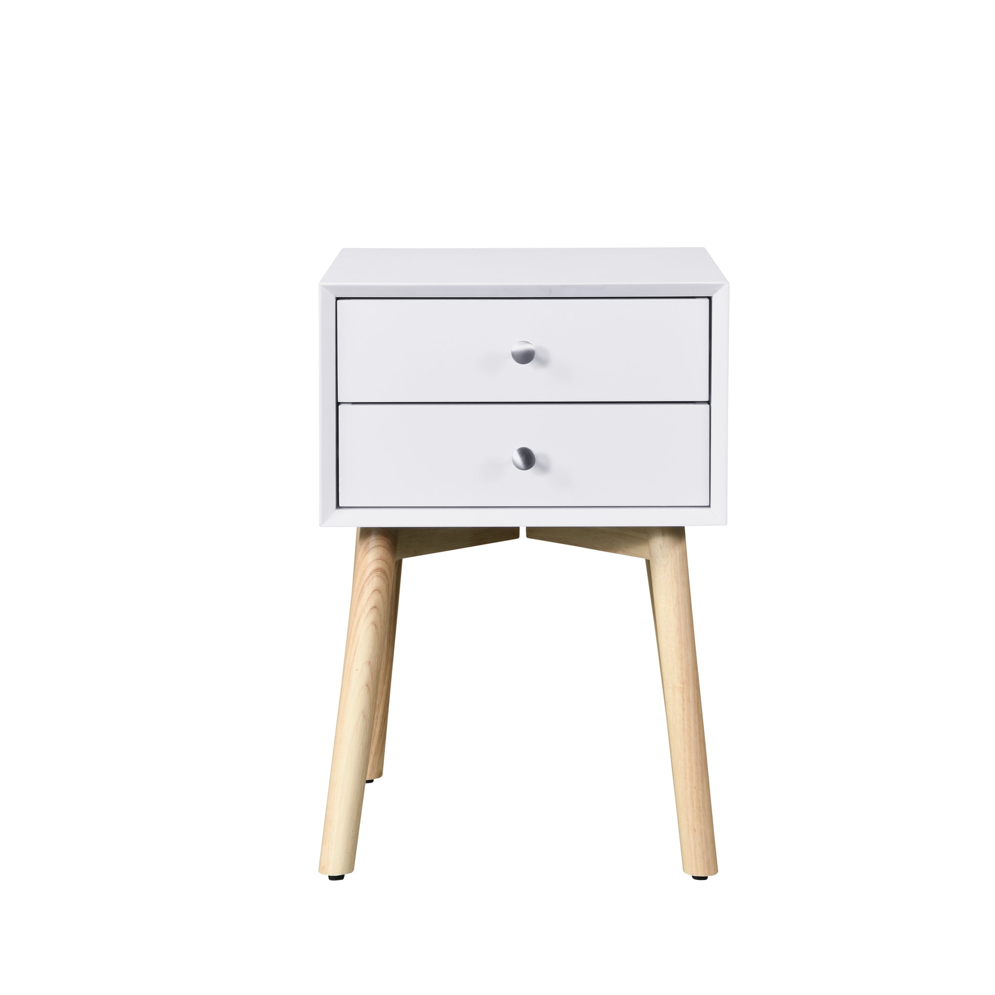 Side Table,Bedside Table With 2 Drawers And Rubber Wood Legs, Mid Century Modern Storage Cabinet For Bedroom Living Room, White White Mdf