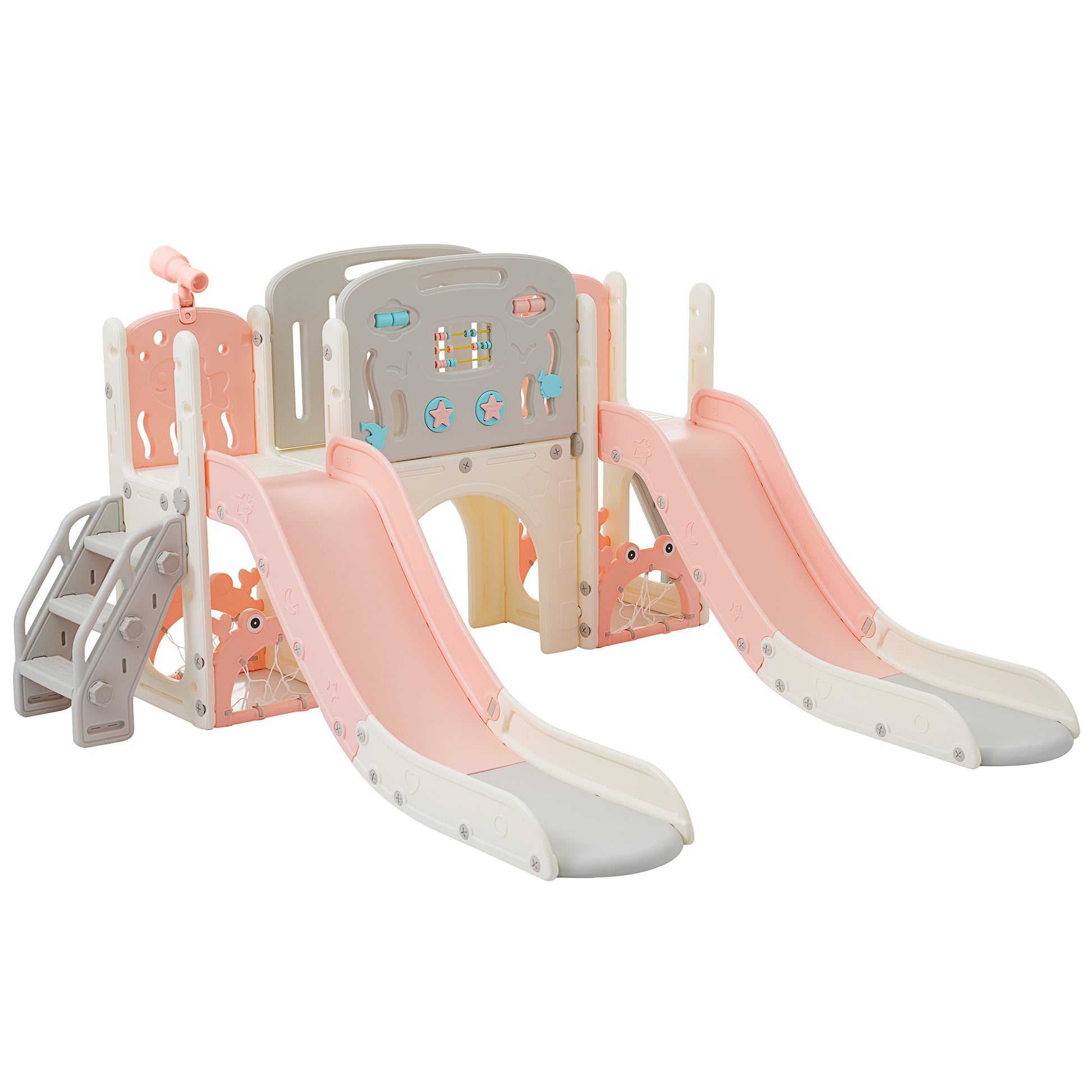 Kids Slide Playset Structure 8 In 1, Freestanding Ocean Themed Set With Slide, Arch Tunnel,Basketball Hoop And Telescope, Double Slides For Toddlers, Kids Climbers Playground Pink 50 99 Lbs Cute 1 To 2 Years Hdpe Indoor & Outdoor Use