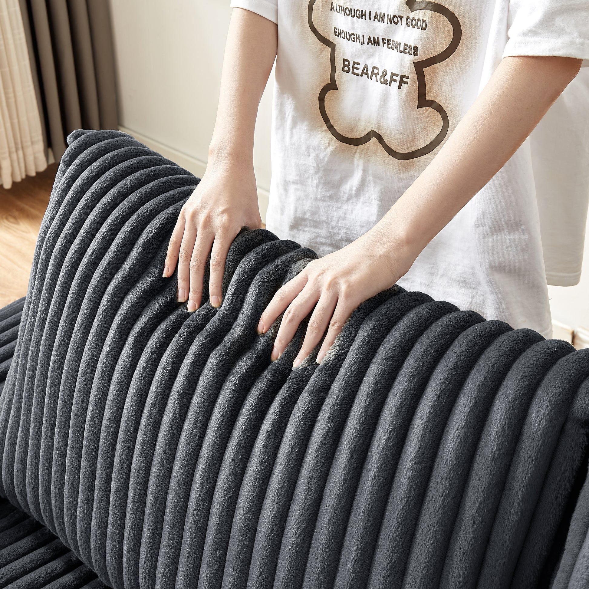 71" Loveseat Small Sofa Plush Corduroy Fabric Square Storage Armrest Usb Port Only Sofa, Do Not Include Ottoman Dark Grey Fabric