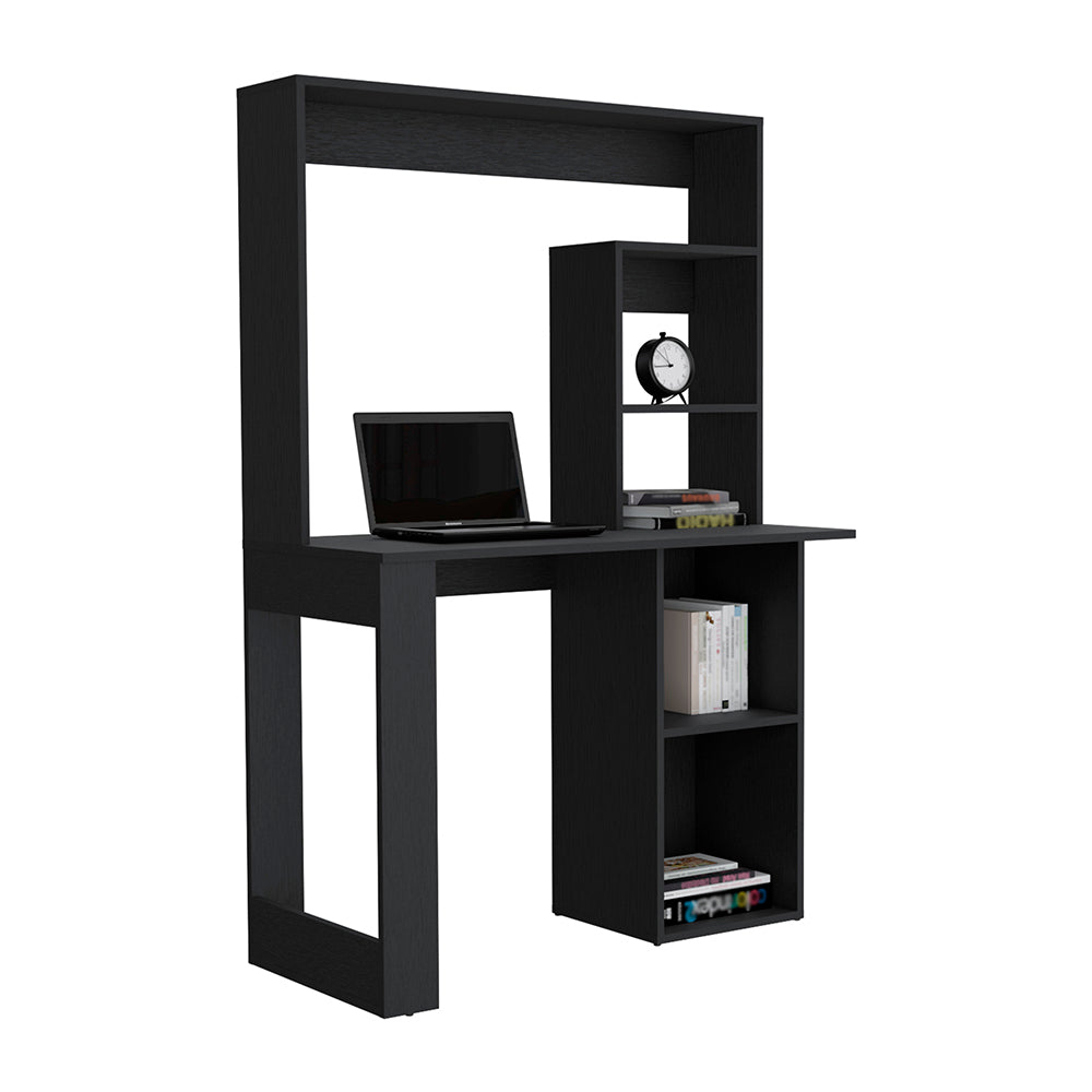 Ethel Writing Computer Desk With Storage Shelves And Hutch, Black Black Particle Board Particle Board