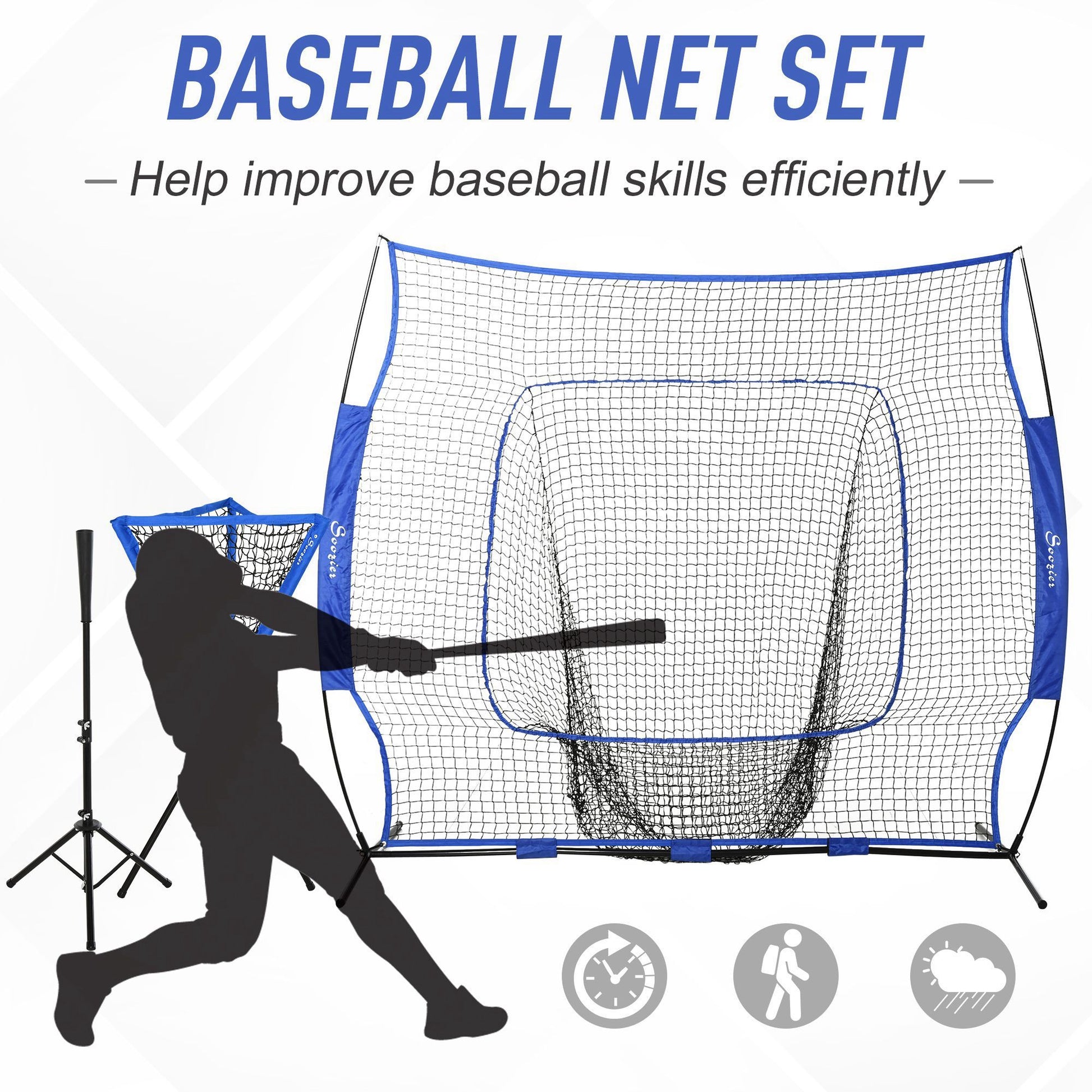 Soozier Baseball Practice Net Set With 7.5X7Ft Catcher Net, Ball Caddy, Portable Baseball Practice Equipment With For Hitting, Pitching, Batting, Catching, Blue Blue Steel