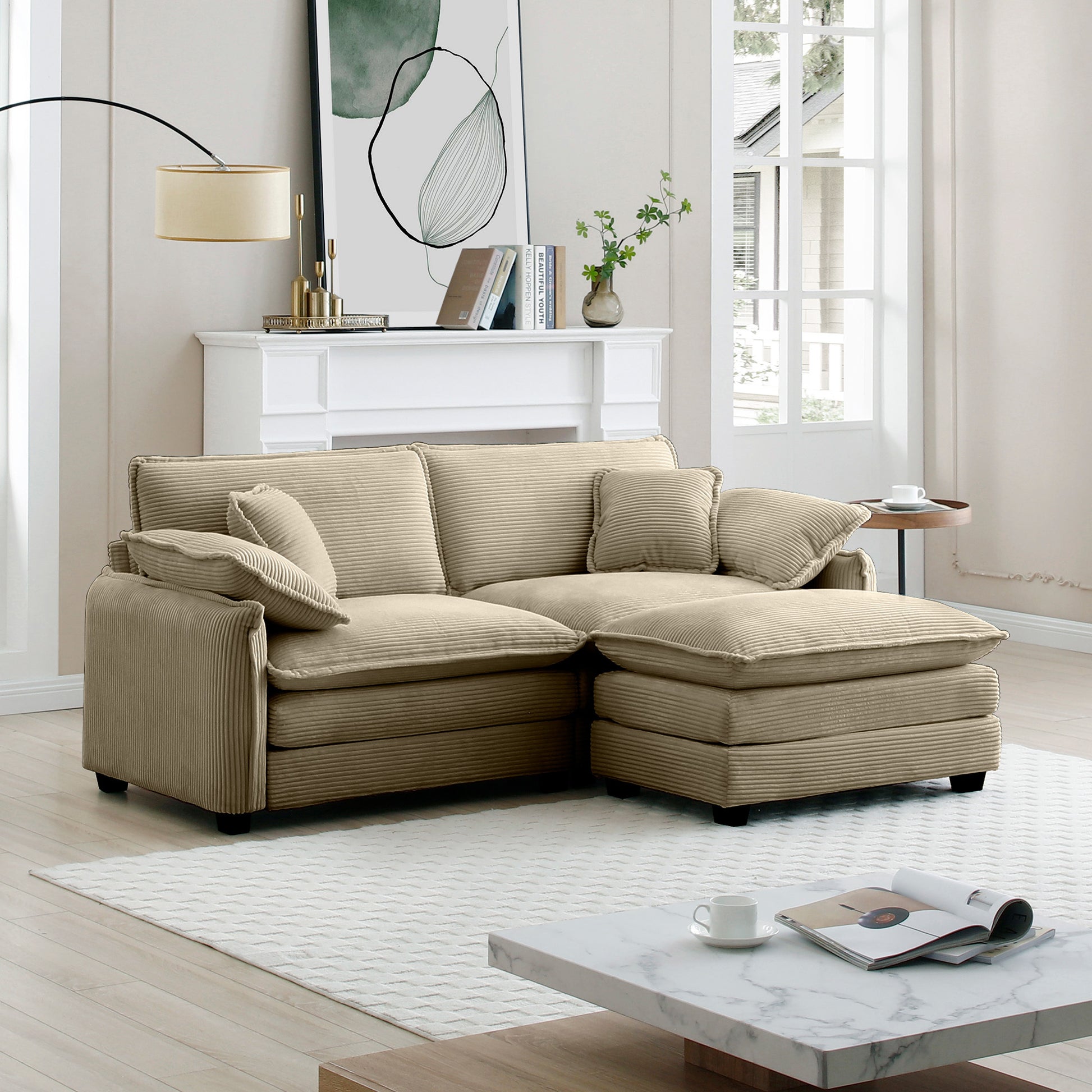 Two Seater Sofa With One Footrest, L Shaped 2 Seater Sofa With Ottoman For Small Living Spaces,Tan Corduroy Tan Corduroy 2 Seat