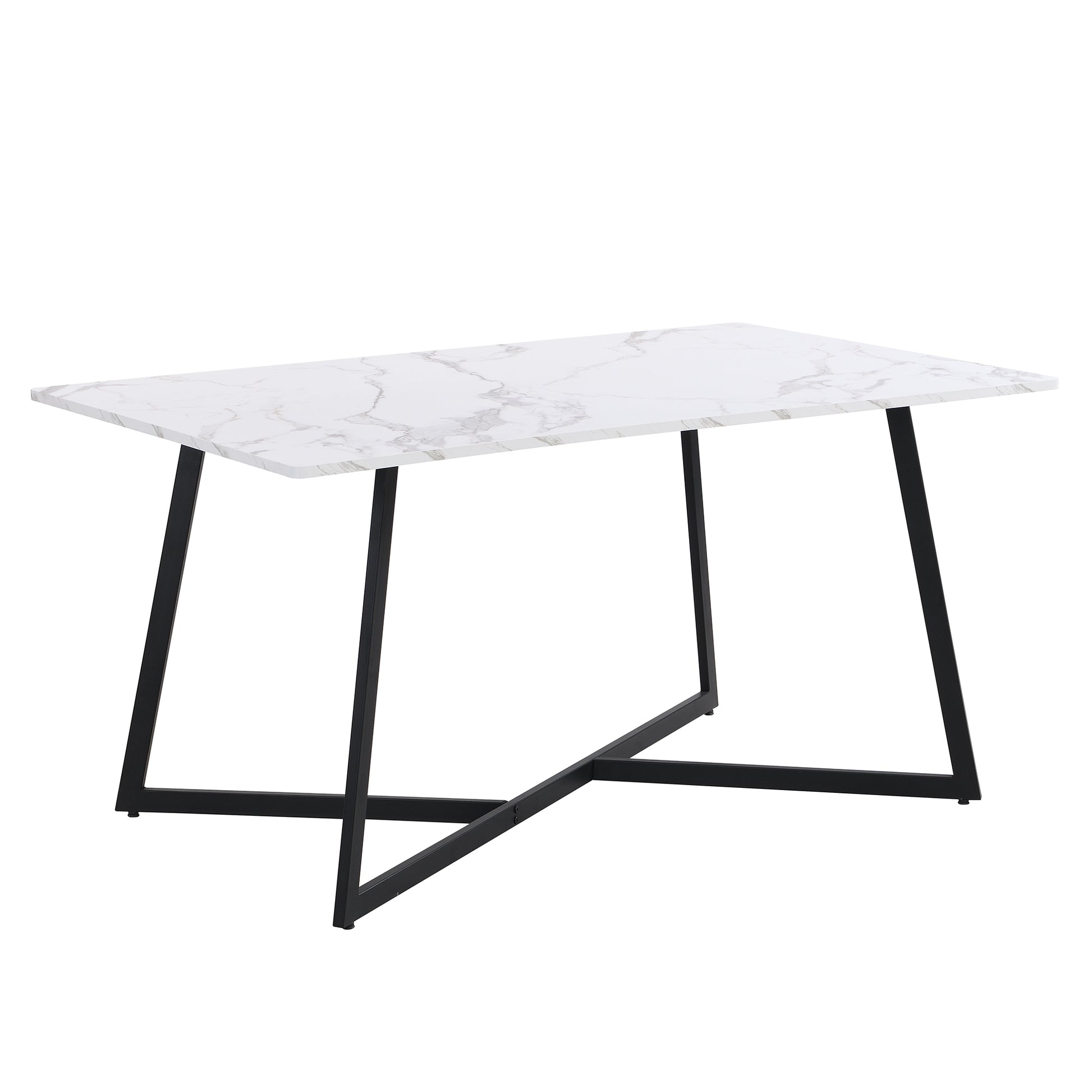 Modern Faux Marble 6 Piece Dining Table Set,60Inch Metal Kitchen Table Set With Upholstered Dining Chairs And Bench, Black Metal Dining Room Bench Seating Rectangular Dining Table With Chair And Bench Metal Wood Black Seats 6 60 Inches Farmhouse Trestle