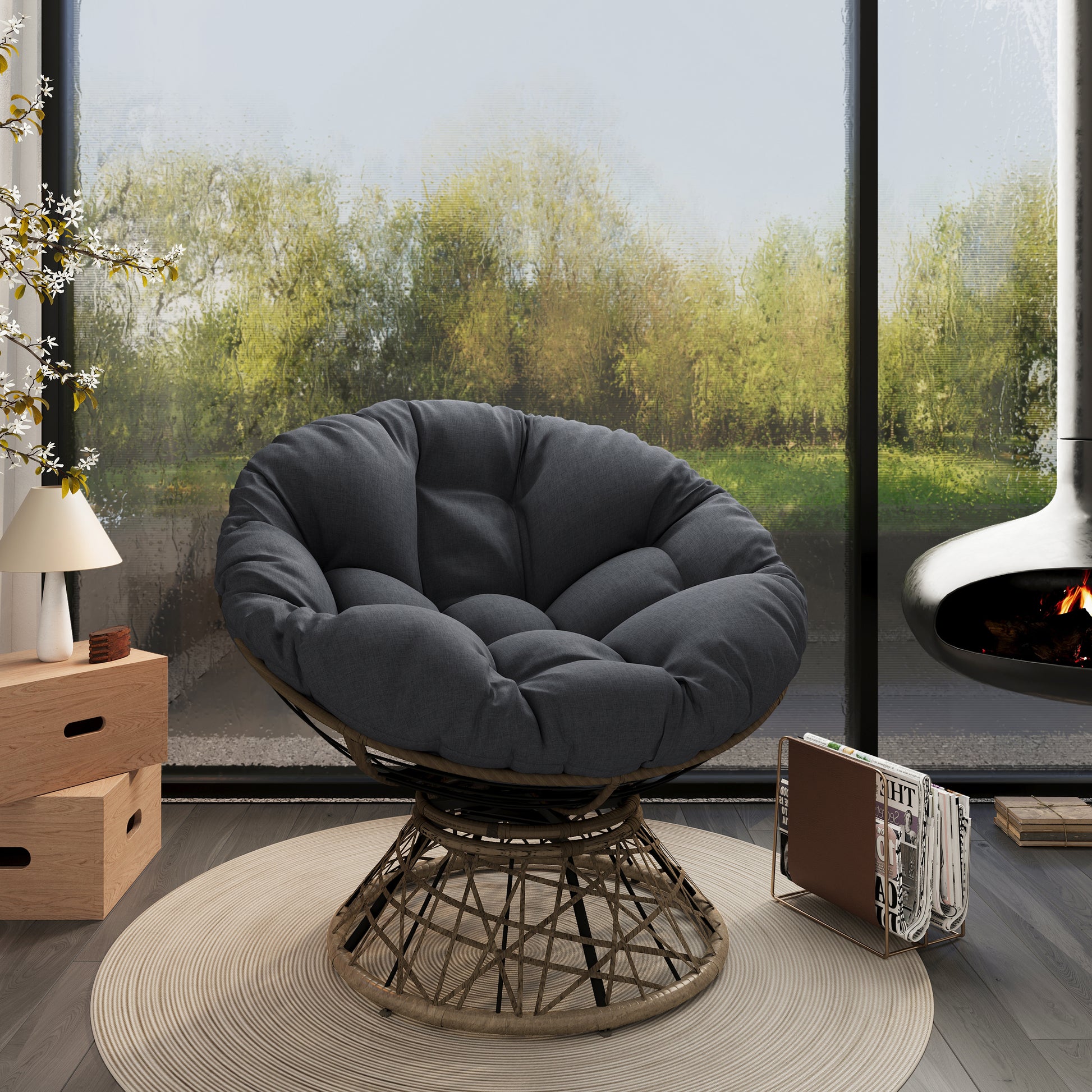 40" Ergonomic Wicker Chair With Cloud Thick Density Fabric Cushion,3 Proof Cover,High Capacity Iron Frame,Fluid 360 Degree Swivel For Reading,Living Room, Bedroom,Lounge,Brown Base,2 Colors