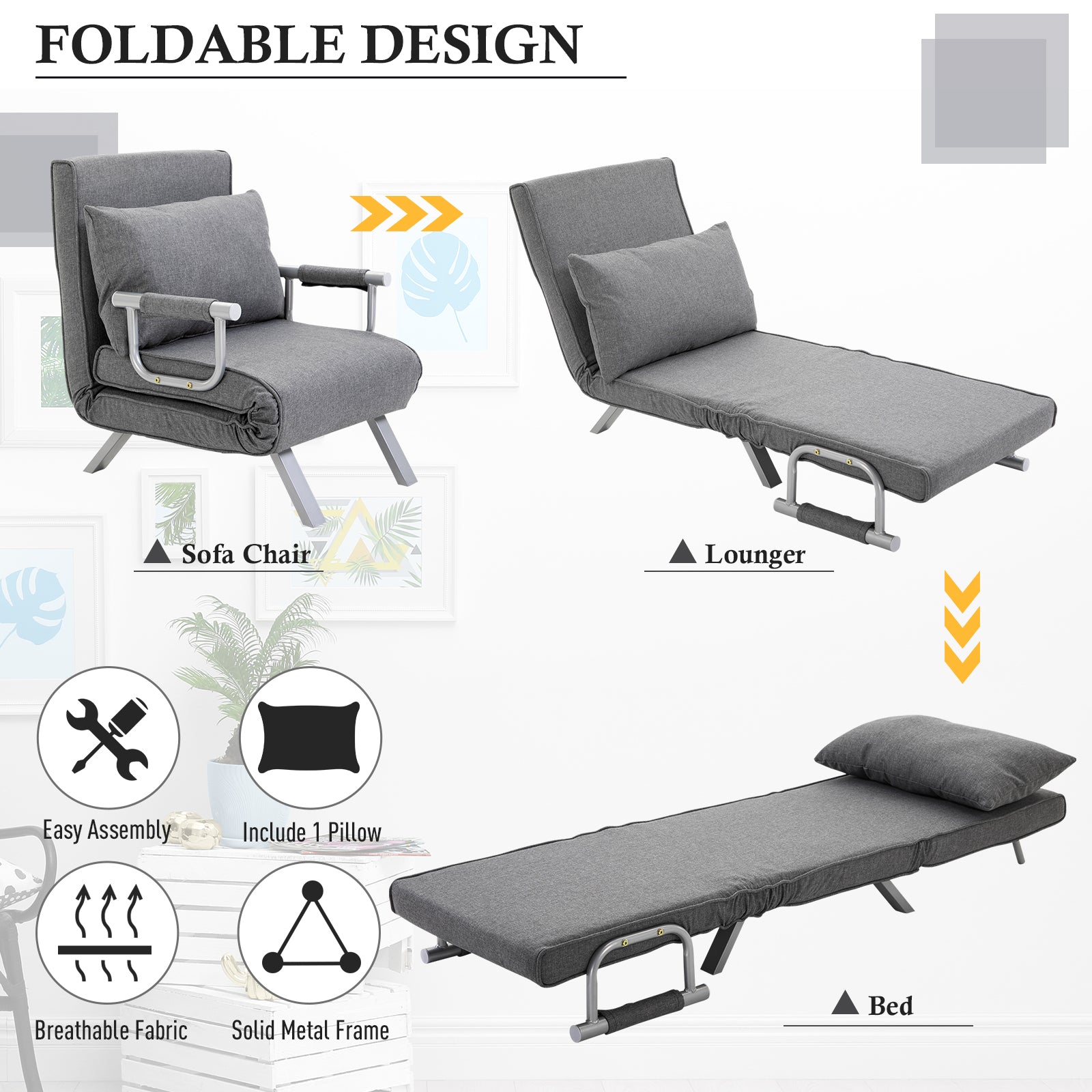 Homcom Single Person Folding 5 Position Convertible Sofa Bed Sleeper Chair Chaise Lounge Couch W Pillow & Steel Frame For Home Office, Light Grey Light Grey Fabric 1 Seat