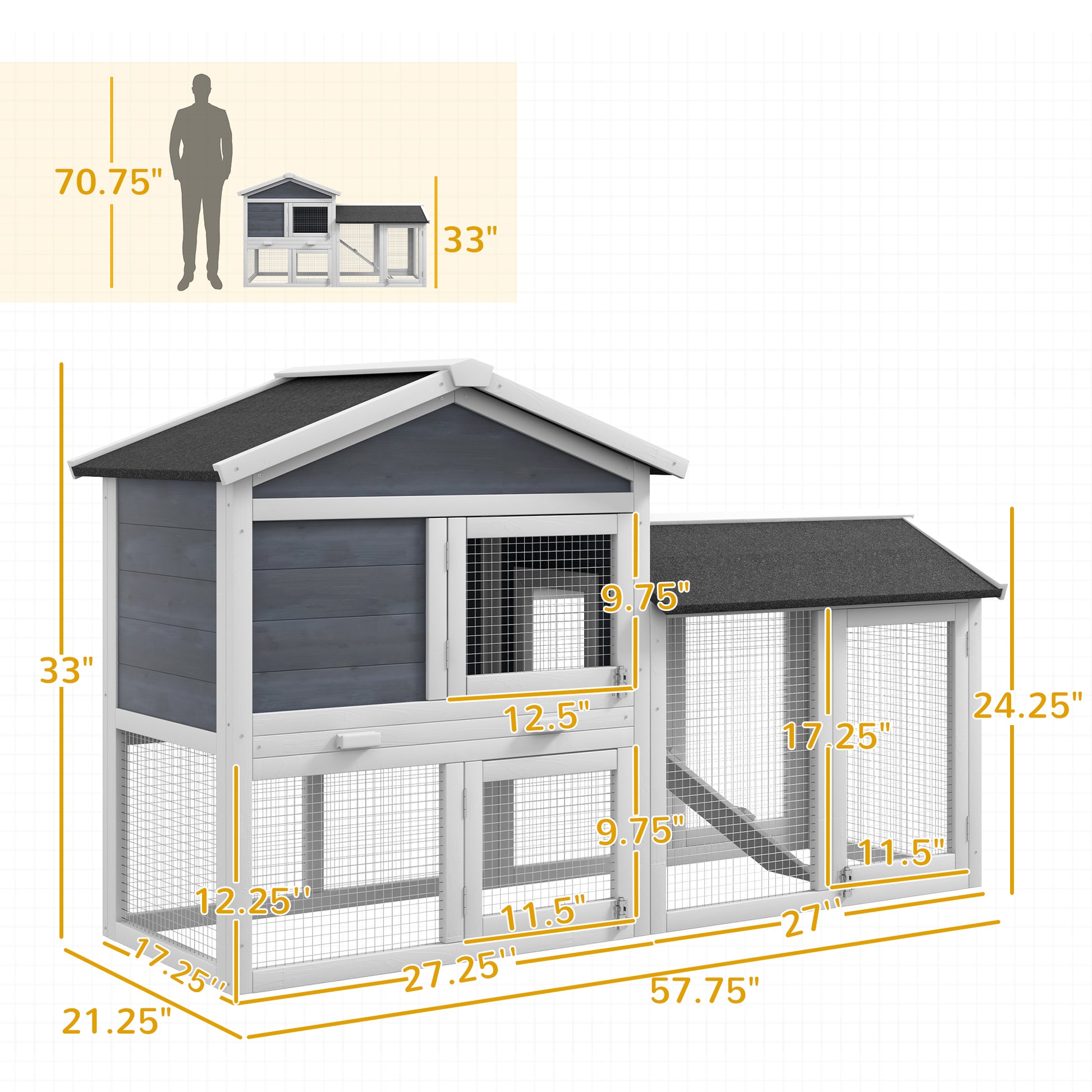 Pawhut 58" Rabbit Hutch, Wooden Bunny Hutch, Guinea Pig Cage, Small Animal Enclosure With Run Area, Removable Tray, Asphalt Roof, Lockable Doors And Ramp, Gray Gray Wood