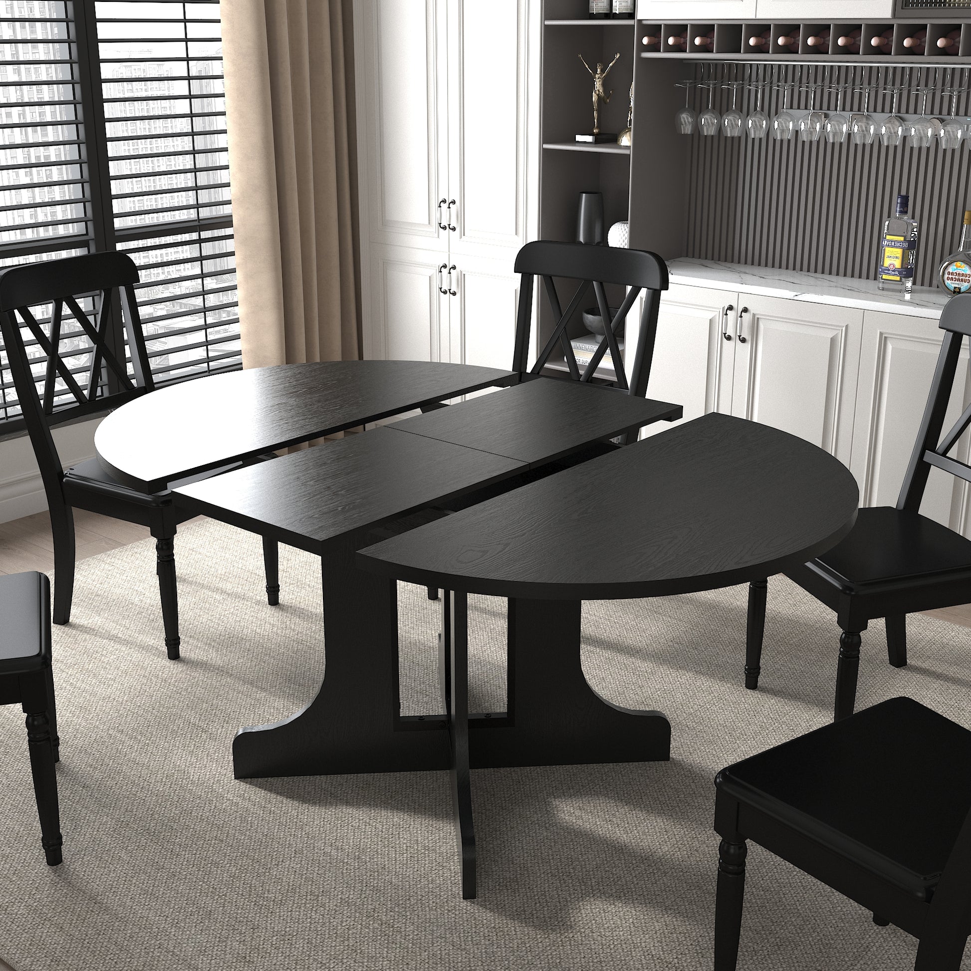 Dining Table For Farmhouse Kitchen 59X43 Inch Expandable Oval Table Top With Removable Leaf Trestle X Shaped Base Black Black Seats 6 Dining Room Floor Mount Round Kitchen & Dining Tables Laminated