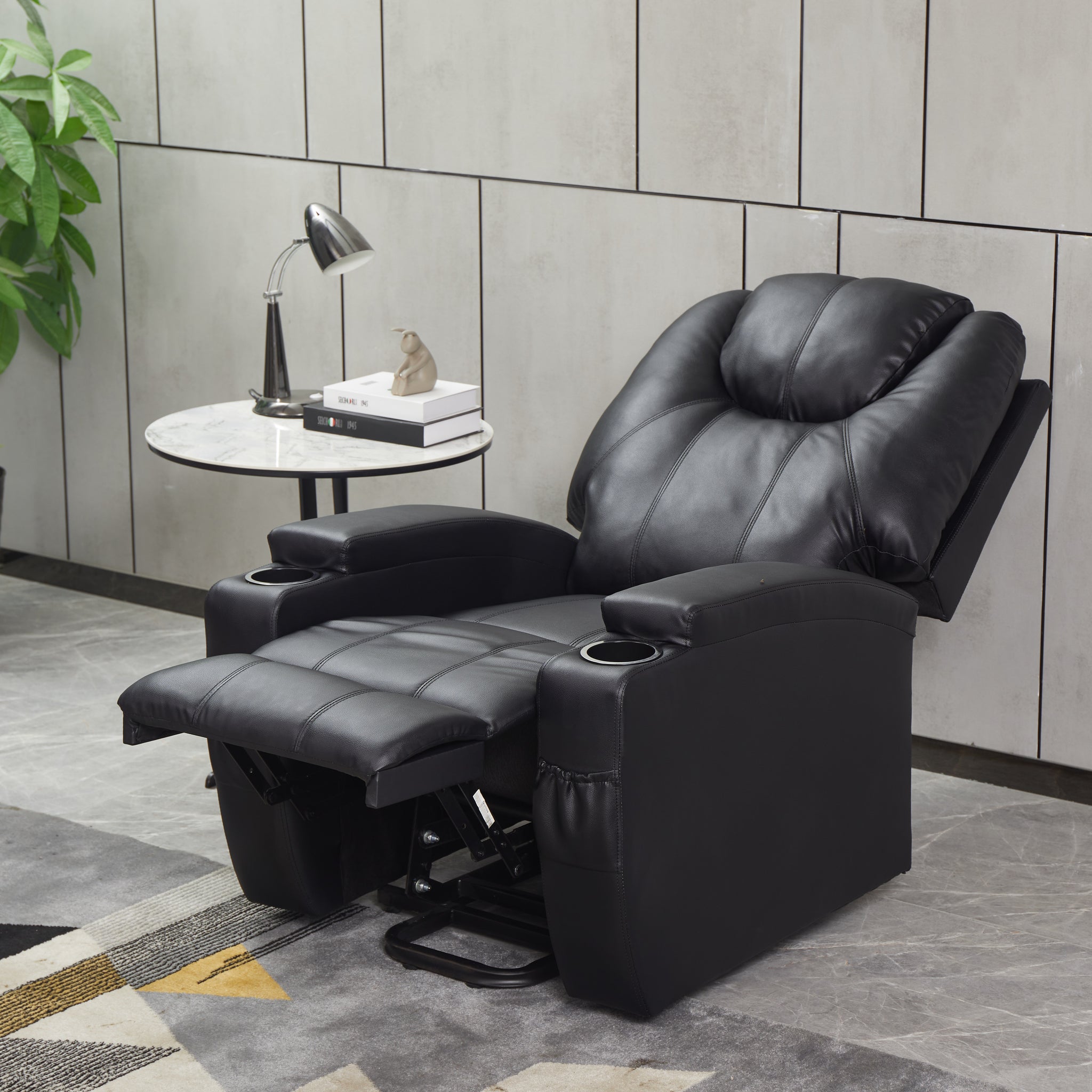 Recliner Chair Modern Recliner Sofa Faux Leather Recliners With Cup Holders,Remote Control Black Faux Leather