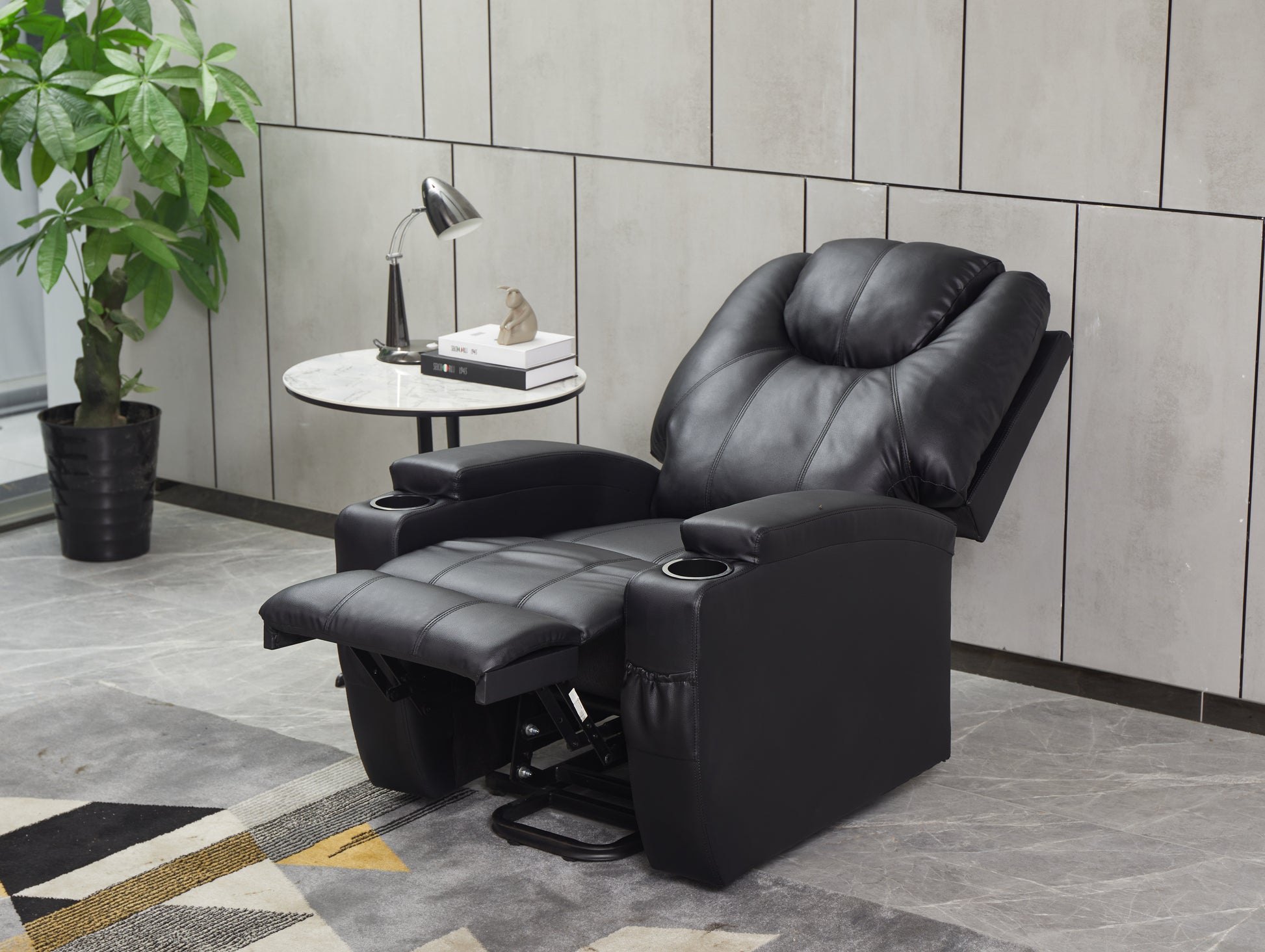 Recliner Chair Modern Recliner Sofa Faux Leather Recliners With Cup Holders,Remote Control Black Faux Leather