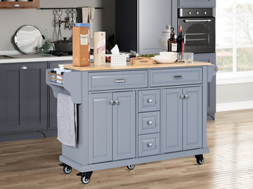 Kitchen Island With Rubber Wood Countertop, Kitchen Cart On 5 Wheels With Storage Cabinet And 5 Drawers For Dinning Room, Grey Grey Dining Room Rectangular Rubberwood Solid Wood Mdf Large 56 In