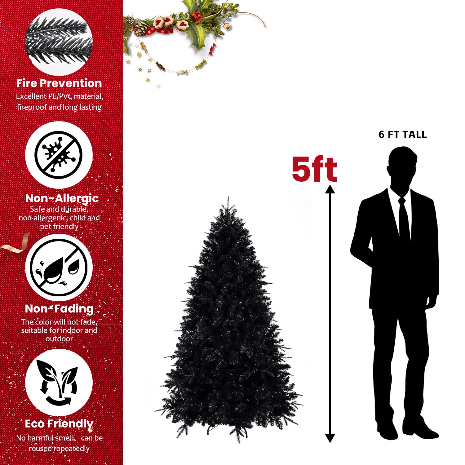 9Ft Pre Lit Black Christmas Tree, Full Halloween Xmas Artificial Tree 3176 Branch Tips, 750 Lights, Metal Hinges, Foldable Base, Holiday Decoration Black Black Polyethylene