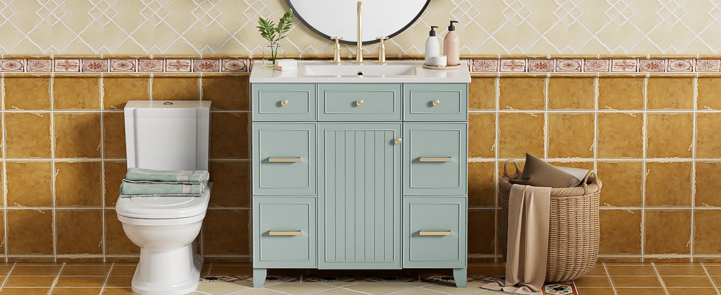 36" Bathroom Vanity With Ceramic Sink, Green, Solid Wood Frame, Soft Close Doors, Adjustable Shelves, 3 Drawers ,Including Double Depth Drawer For Hairdryer Storage Old Sku:Sv000003Aag 1 Green
