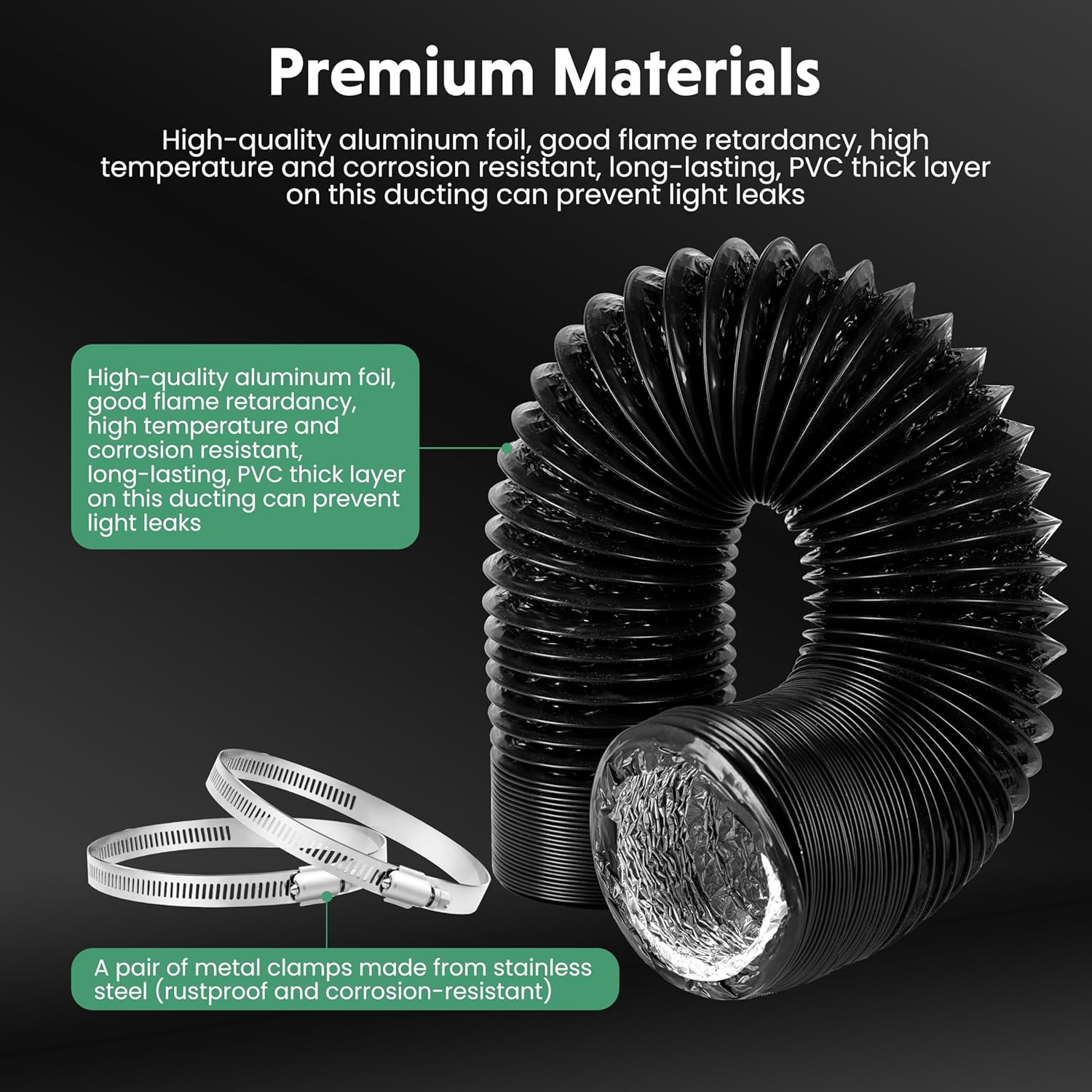 Dryer Vent Hose, 8" Insulated Flexible Duct 25Ft With 2 Clamps, Heavy Duty Four Layer Protection For Heating Cooling Ventilation And Exhaust, Black Black Pvc
