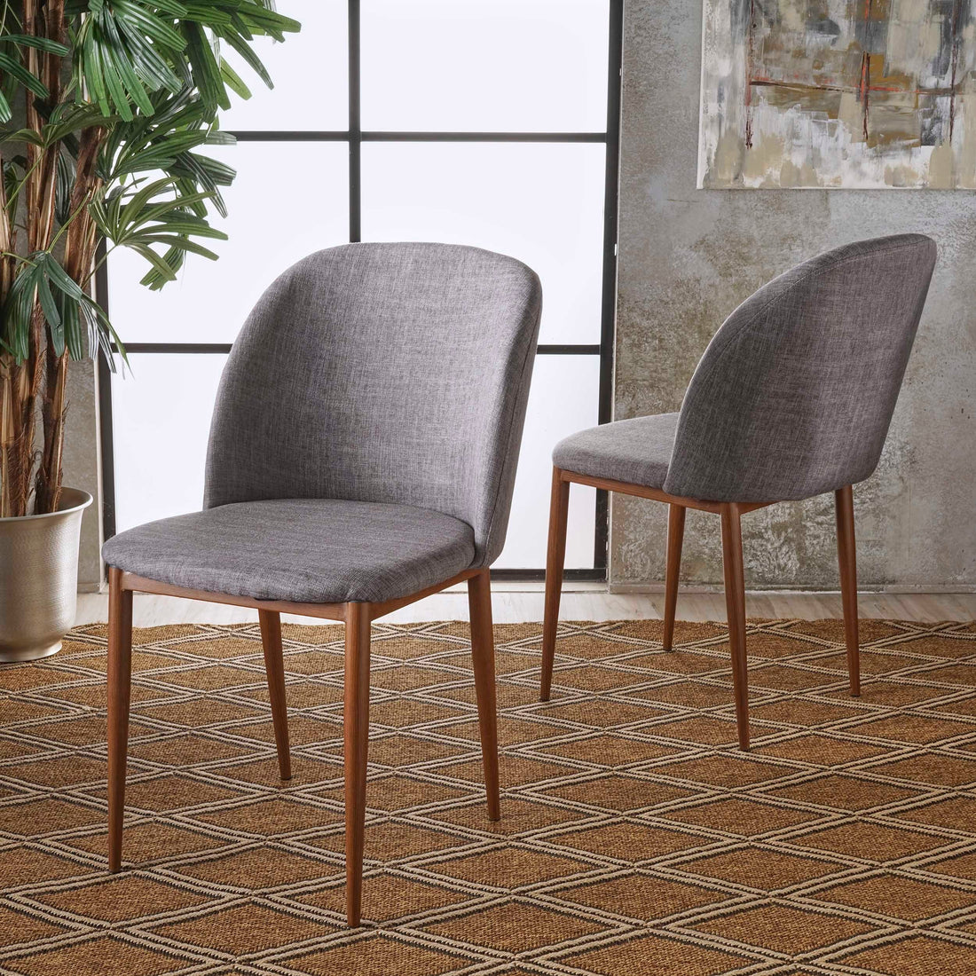 Mid Century Dining Chair Fabric Upholstered Chair Set Of 2 , Grey Light Grey Fabric