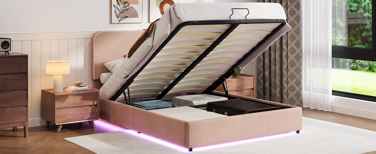 Upholstered Platform Full Size Hydraulic Storage Bed, Lift Up Storage Bed With Rgb Led Light, Bluetooth Speaker, No Box Spring Needed, Lychee Velvet,Pink Full Pink Velvet Fabric Metal