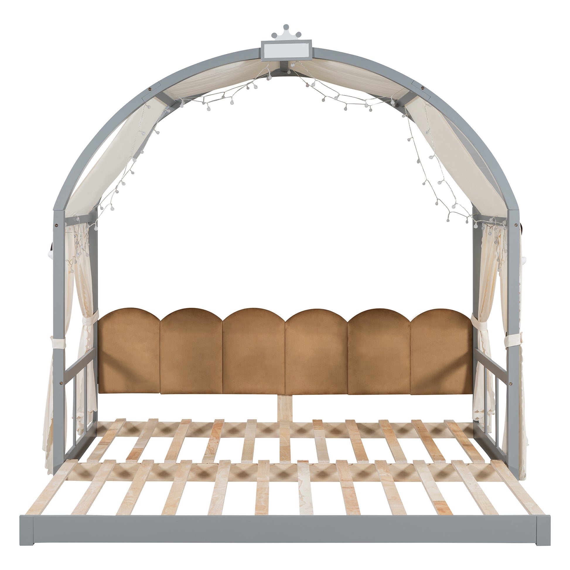 Twin Size Extended Bed With Arched Roof And Trundle, Gray Twin Gray Plywood