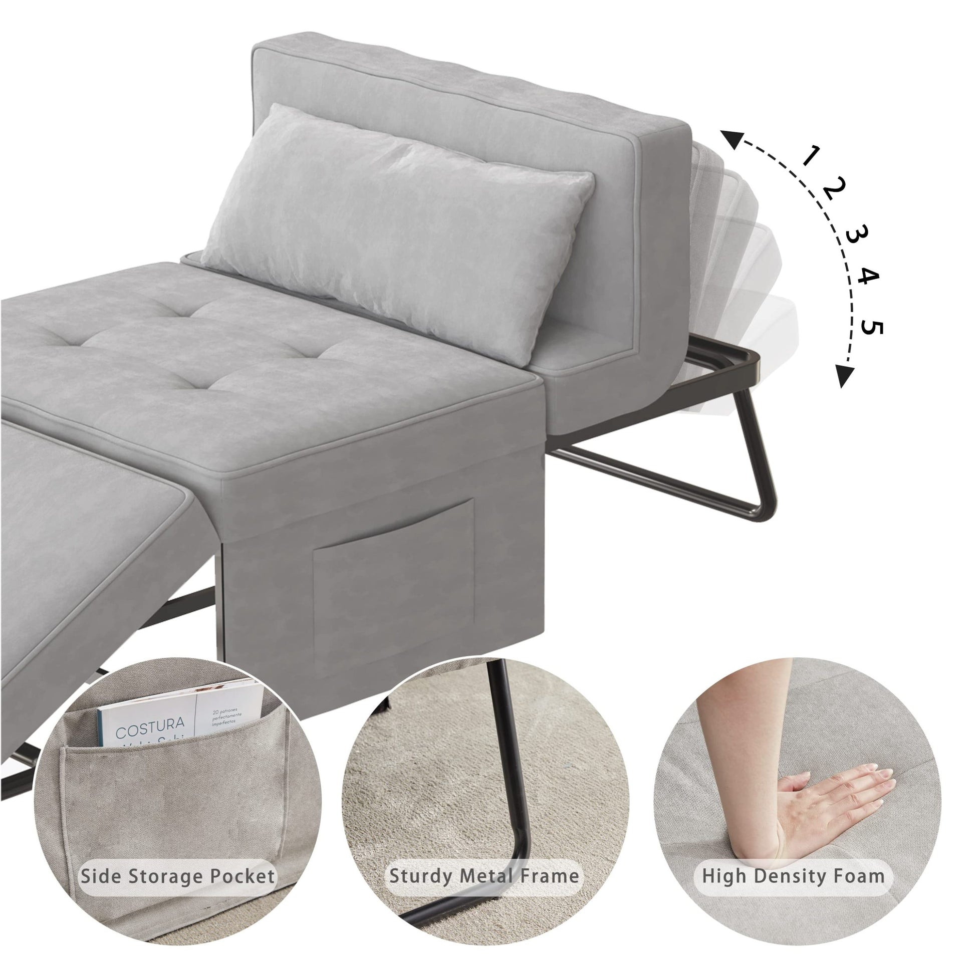 Sofa Bed,Chair Bed,Sleeper Couch,4 In 1 Multi Function Folding Ottoman Bed With Slide Storagepocket For Living Room,Bedroom,Hallway,Light Grey Light Gray Espresso Bedroom Mid Century Modern Oak Upholstered Fabric
