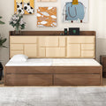 Twin Size Wood Daybed With Upholstered Storage Shelves, Usb Ports And 2 Drawers, Wood Color Box Spring Not Required Twin Wood Wood Bed Frame Solid Wood Mdf