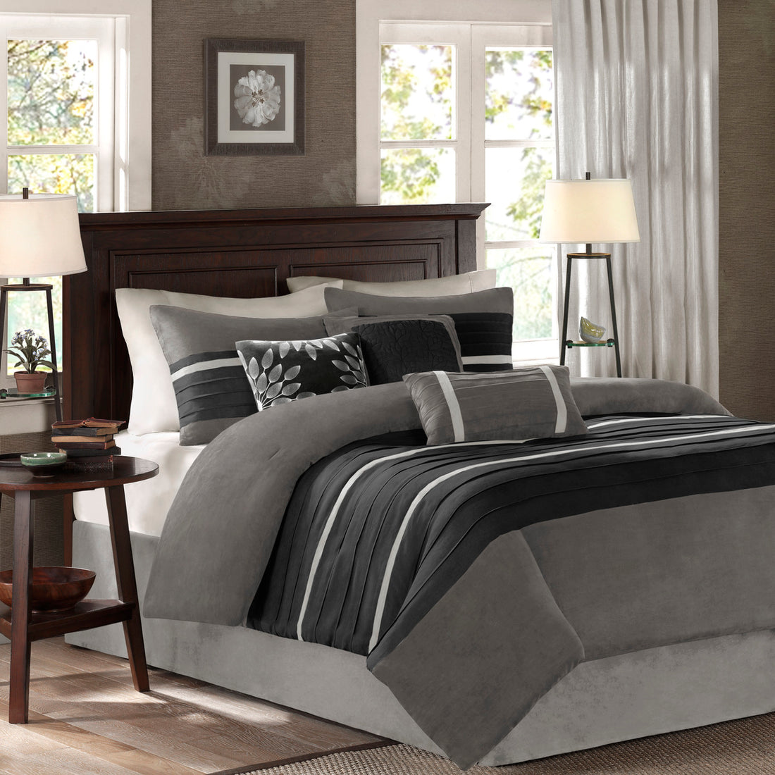 7 Pc Pieced Faux Suede Comforter Set Black Cal King California King Black Polyester