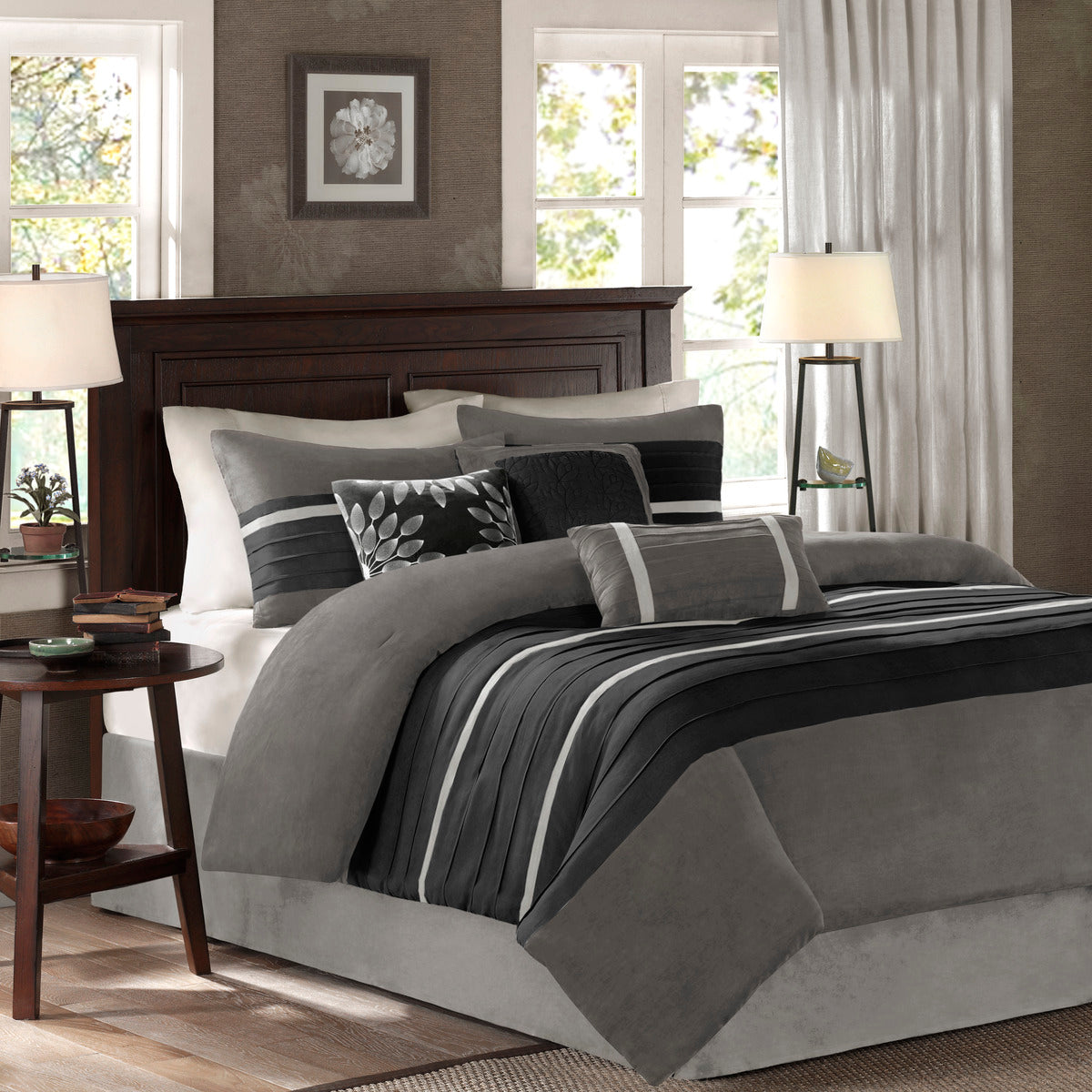 7 Pc Pieced Faux Suede Comforter Set Black Cal King California King Black Polyester