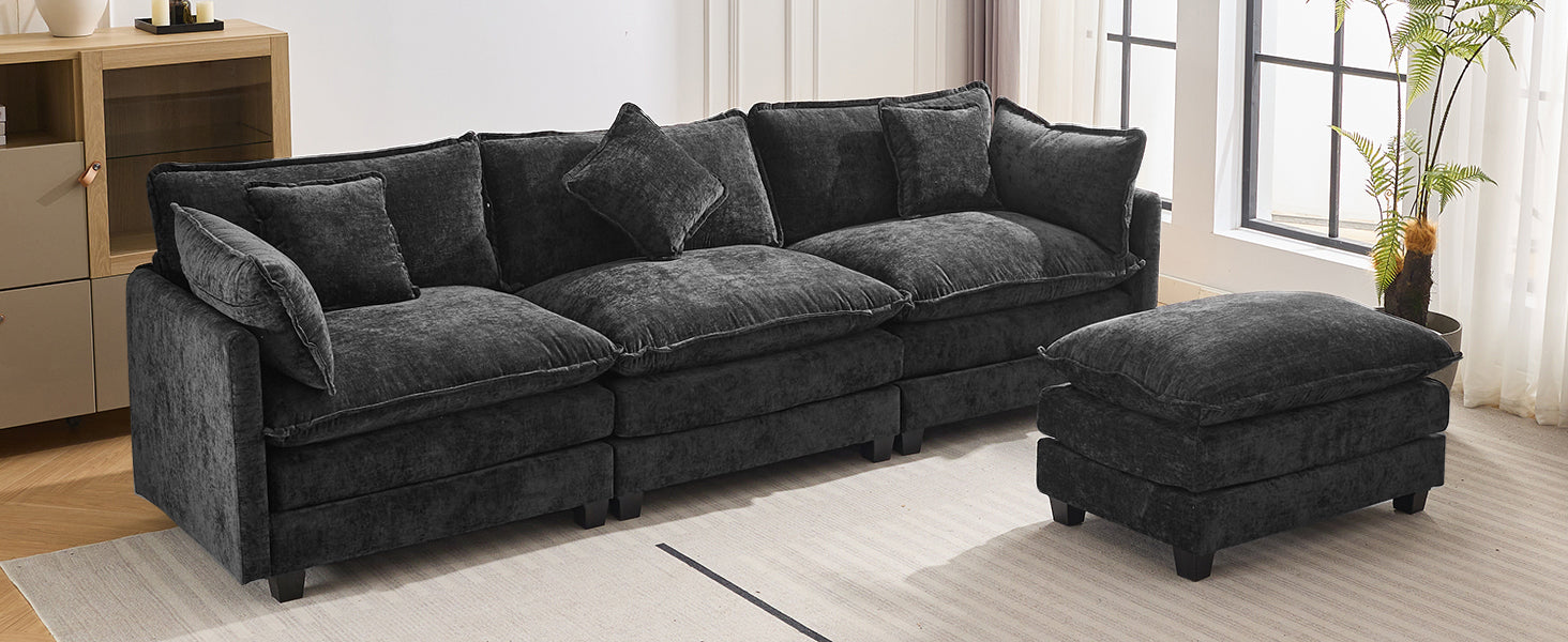 112.2" L Shape Chenille Upholstered Sofa For Living Room Modern Luxury Sofa Couch With Ottoman And 5 Pillows For Living Room Sg001160Aa , Black Black Foam 4 Seat