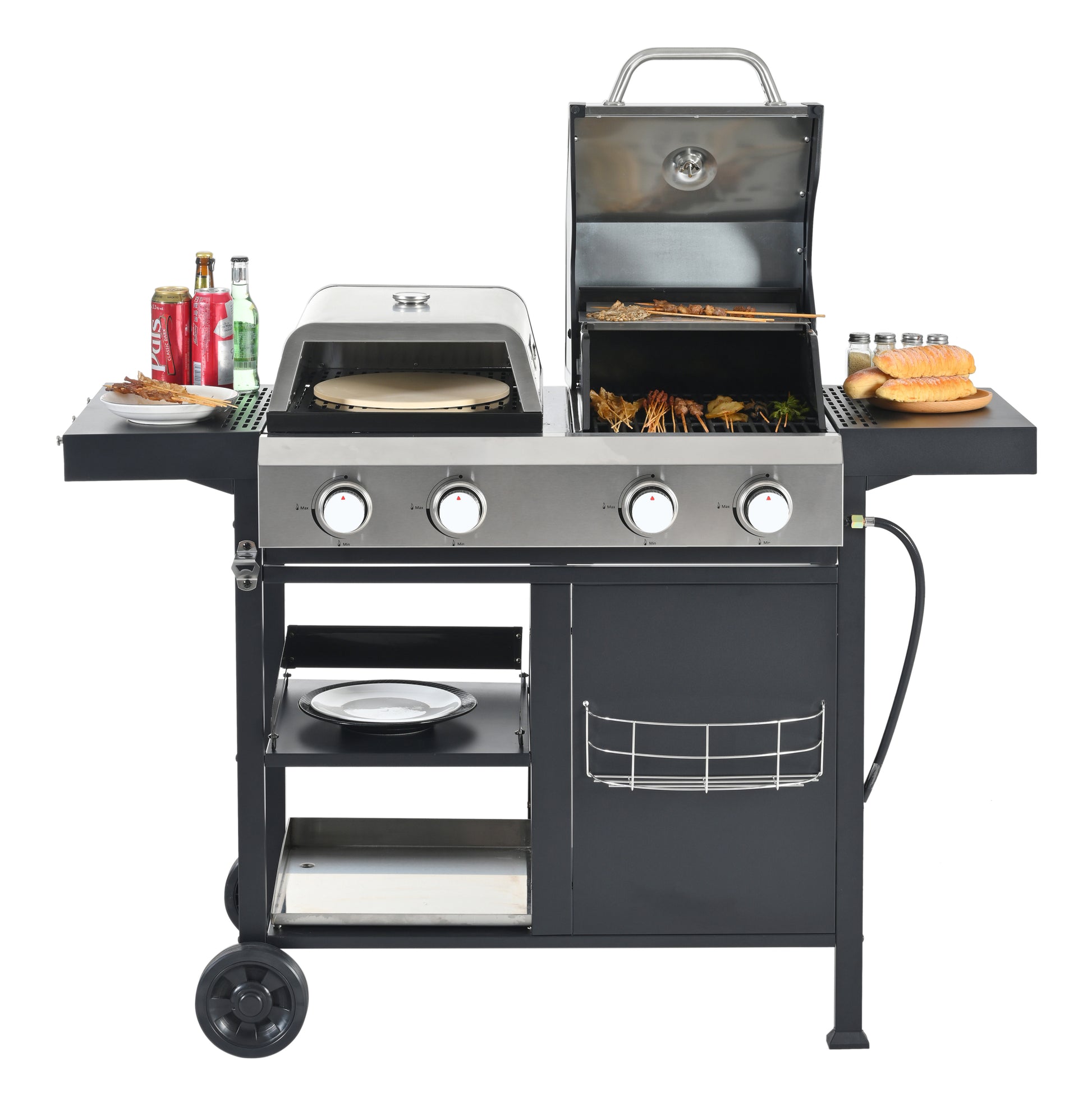 2 2 Multi Function Burner Gas Grill And Griddle Combo With Cover For Outdoor Cooking While Camping Or Tailgating Bbq,Frying,Pizza. Black And Silver Stainless Steel