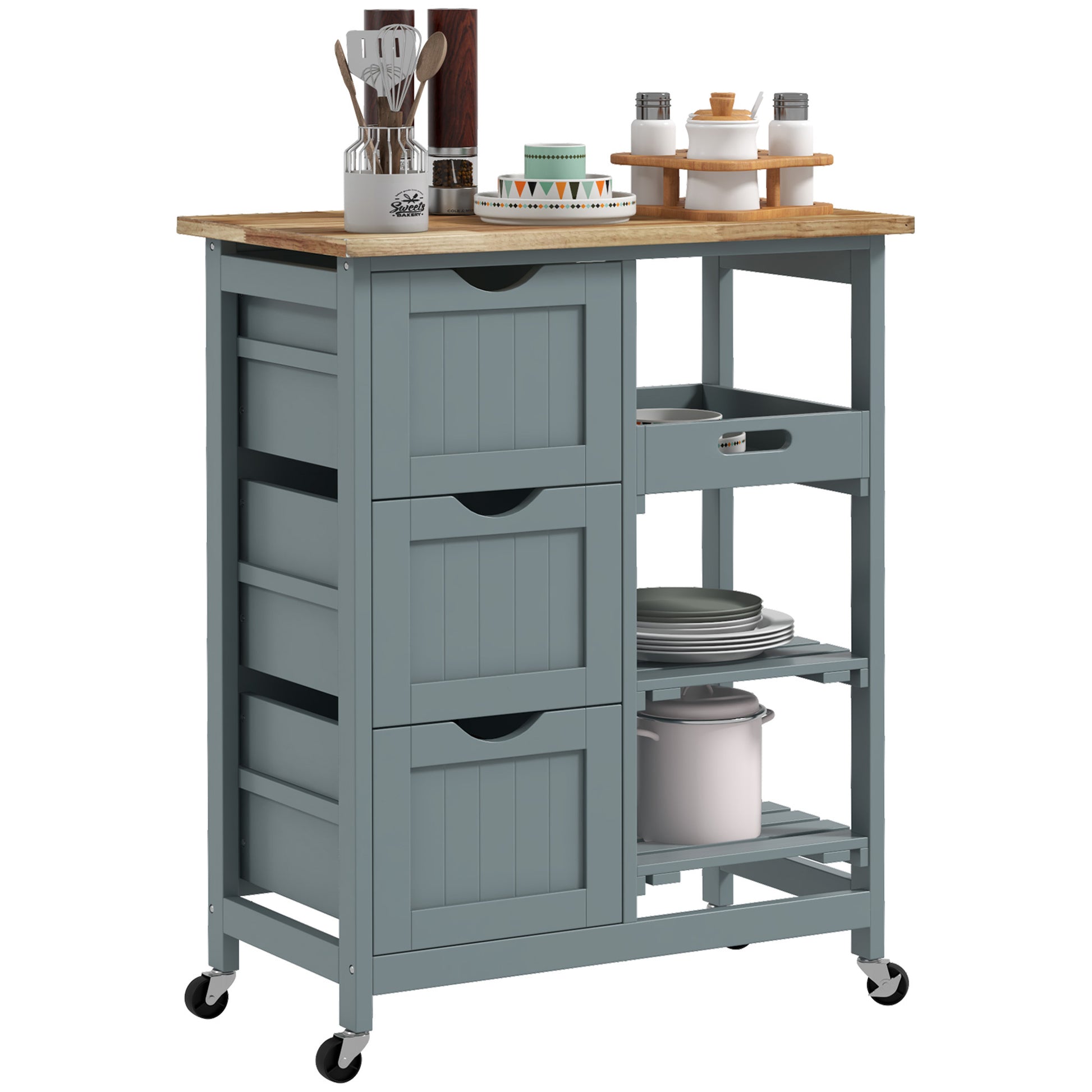 Homcom Rolling Kitchen Island Cart, Bar Serving Cart, Compact Trolley On Wheels With Wood Top, Shelves & Drawers For Home Dining Area, Gray Gray Mdf