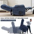 Blue Chenille Dual Motor Infinite Position Up To 350 Lbs Power Lift Recliner Chair With Power Remote, Heat Massage And Heavy Duty Motion Mechanism White Metal Primary Living Space Heavy Duty Push