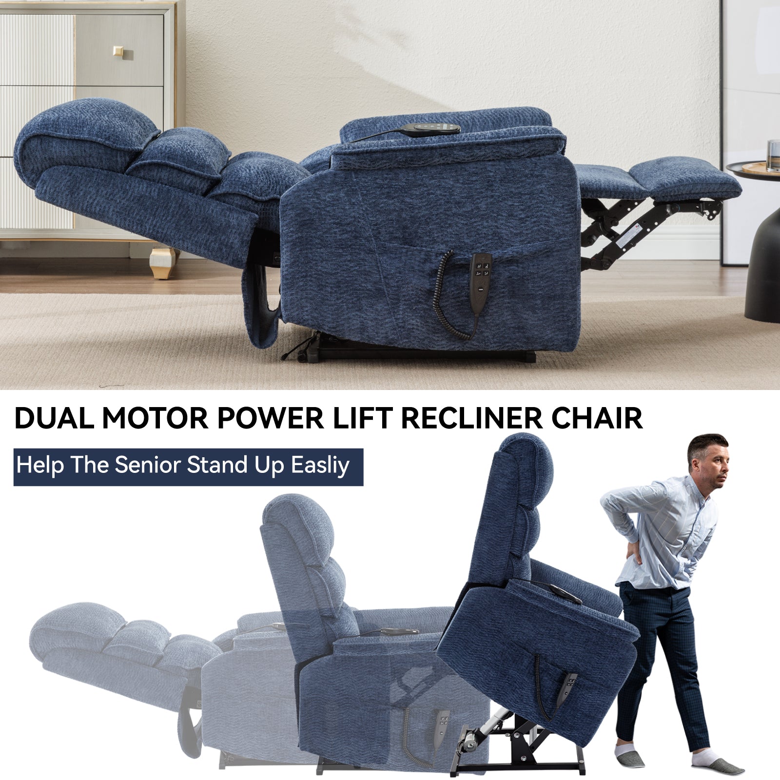 Blue Chenille Dual Motor Infinite Position Up To 350 Lbs Power Lift Recliner Chair With Power Remote, Heat Massage And Heavy Duty Motion Mechanism White Metal Primary Living Space Heavy Duty Push