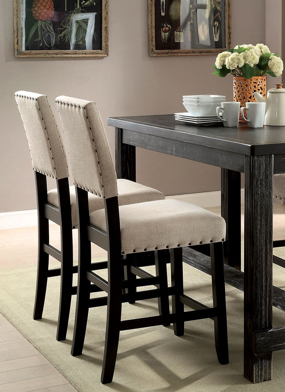 Antique Black Wooden 5Pc Counter Height Dining Set Table And 4X Chairs Beige Linen Like Fabric Cushions Trim Chairs Wood Dining Room Solid Wood Rectangular Dining Table With Chair Upholstered Chair Wood Beige Black Solid Back Seats 4 60 Inches