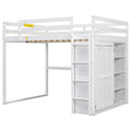 Wood Full Size Loft Bed With Built In Wardrobe And Storage Shelves, Led Light, White Box Spring Not Required Full White Wood Bedroom Bed Frame Solid Wood Mdf