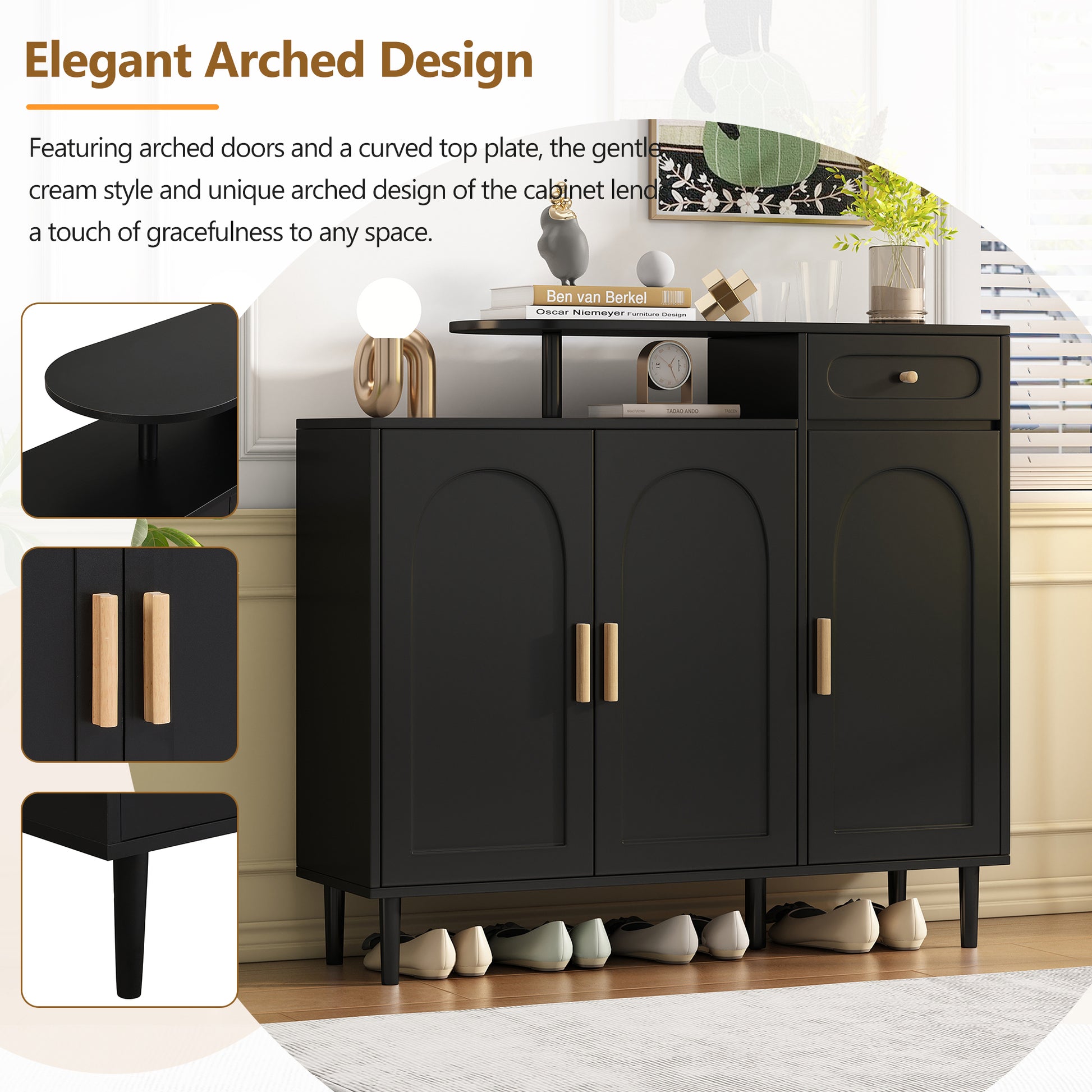 Elegant Shoe Cabinet With Arched Doors And Drawer, Cream Style Storage Sideboard With Adjustable Shelves And Solid Wood Legs For Entryway, Living Room, Black Freestanding 1 2 Drawers Black Primary Living Space Adjustable Shelves Particle Board Mdf